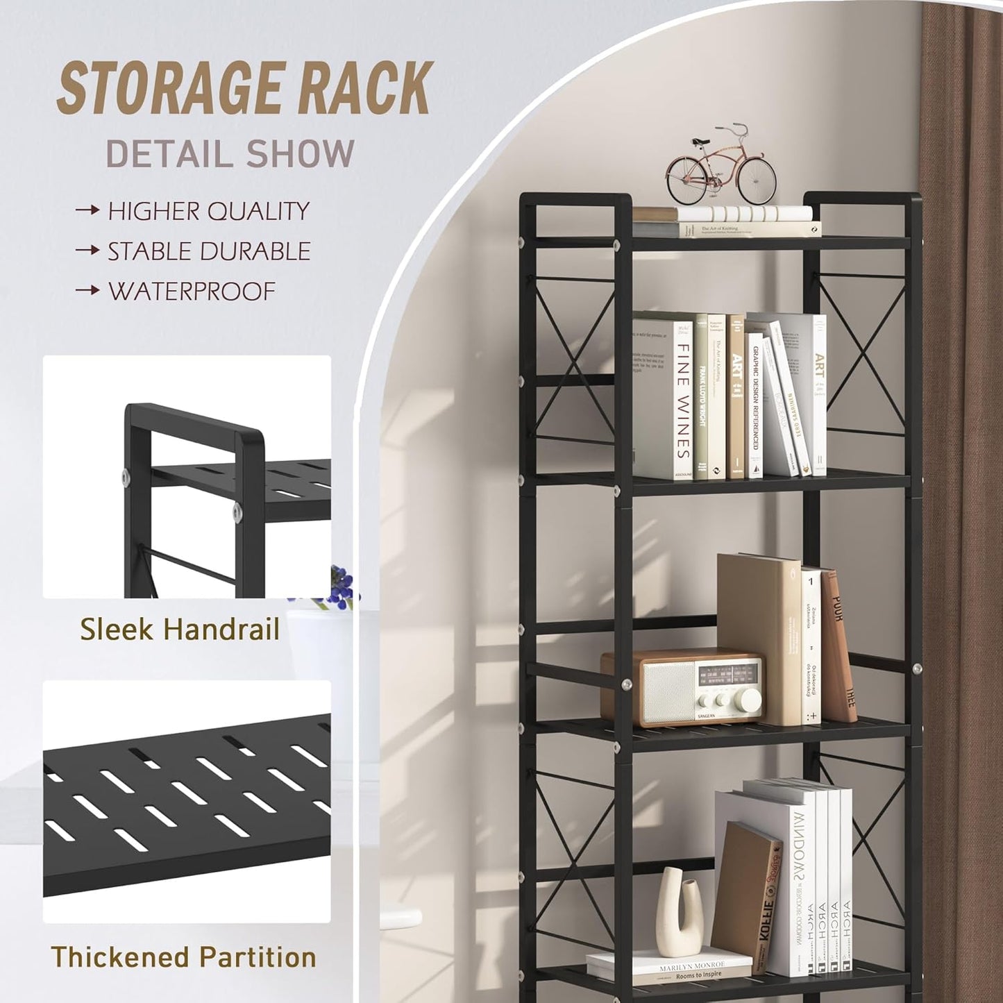JSB 5 Tier Metal Bookshelf Bathroom Storage Standing Shelf Unit Kitchen Storage Organizer Display Rack Bookcases Shelves for Living Room, Bedroom, Office (Widen Black, 5 Tier)