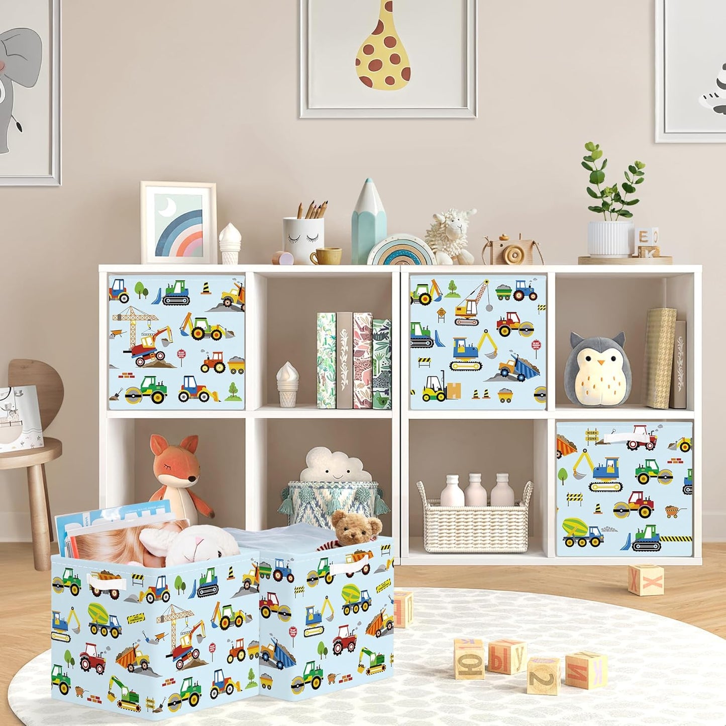 11.8" Engineering Vehicle Cube Storage Organizer Set 3Pcs Pickup Truck Cube Storage Bin for Bedroom Bulldozer Kid Book Toy Chest, Cartoon Car