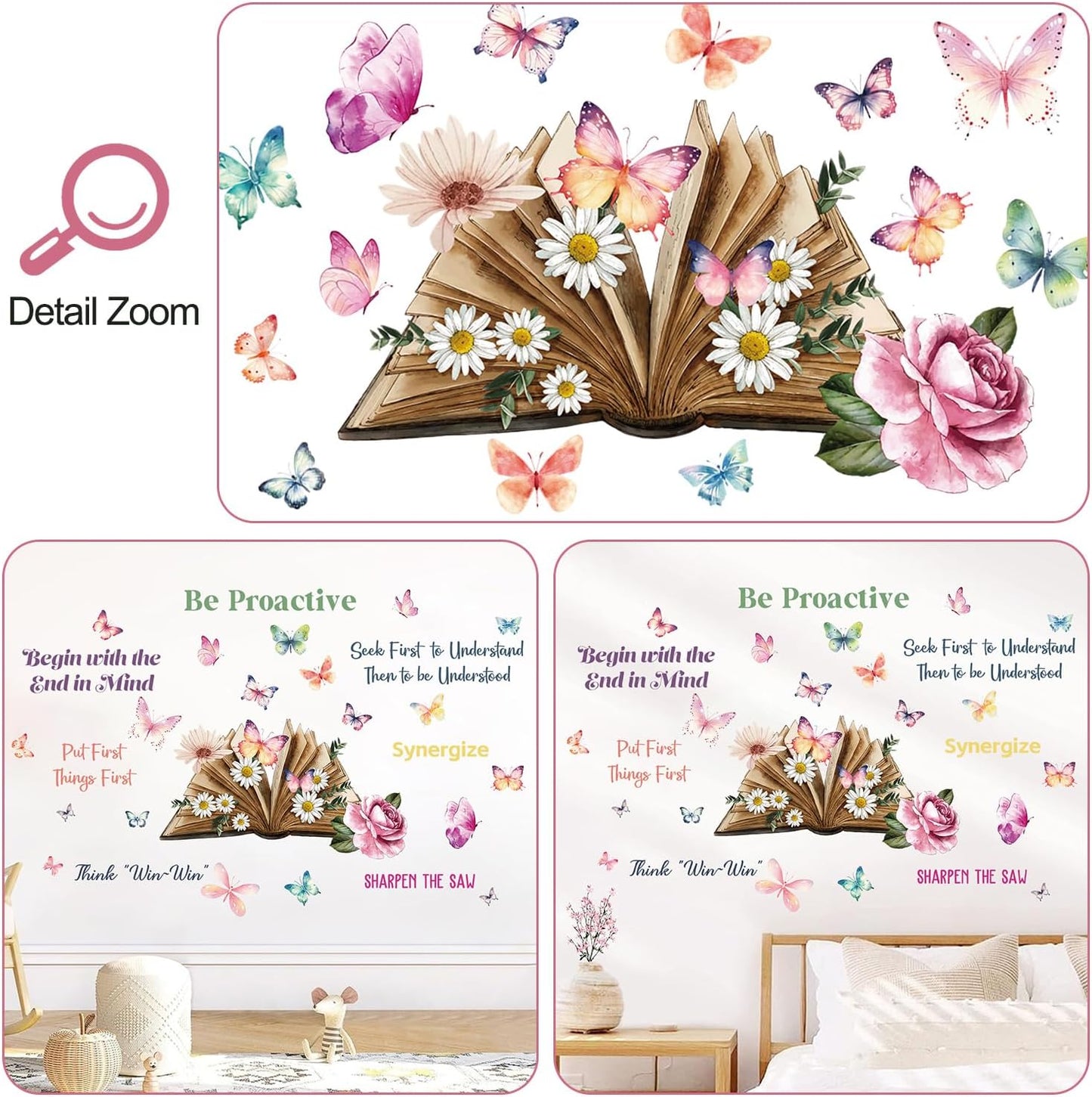 2 Sheets Creative Book Wall Decal - Removable DIY Colorful Flower Butterfly Wall Art with Inspirational Quotes for Girls & Boys Bedroom, Living Room, Bathroom & Study Decor
