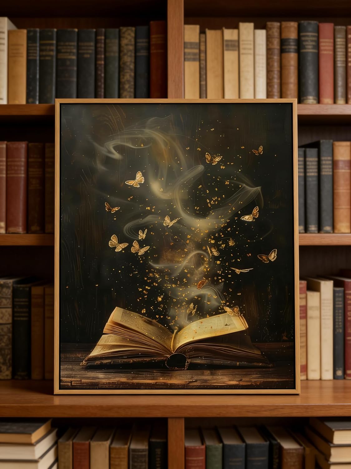 Framed Moody Victorian Bookish Wall Art Dark Academia Library Canvas Wall Decor Picture Vintage Reading Nook Butterfly Aesthetic Painting Poster Print for Gallery Library Bookstore Decoration 8x10in