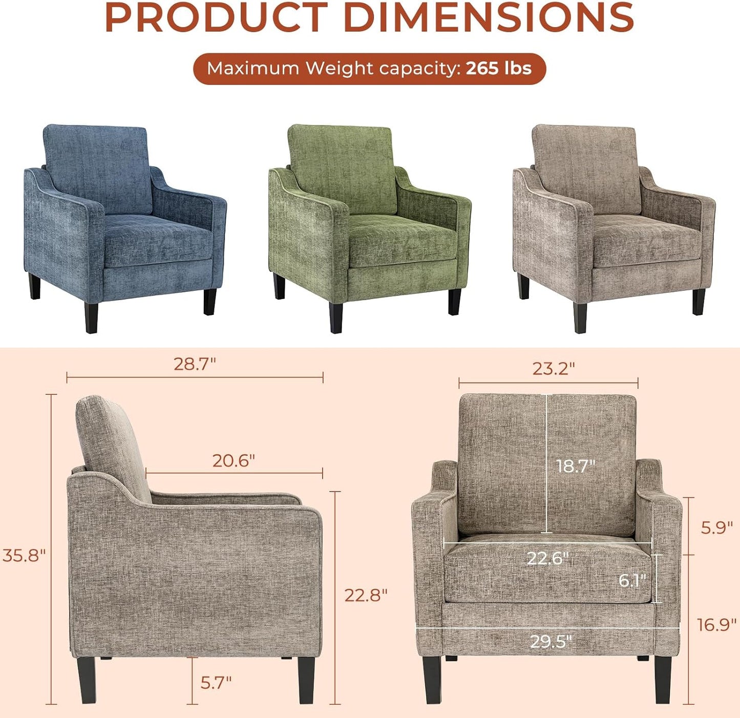 TLSUNNY Mid-Century Accent Chair, Modern Upholstered Chenille Armchair & Padded Reading Chair, Removable Cover & Wood Legs Living Room Chair, Single Sofa for Bedroom/Office/Apartment (Brown)