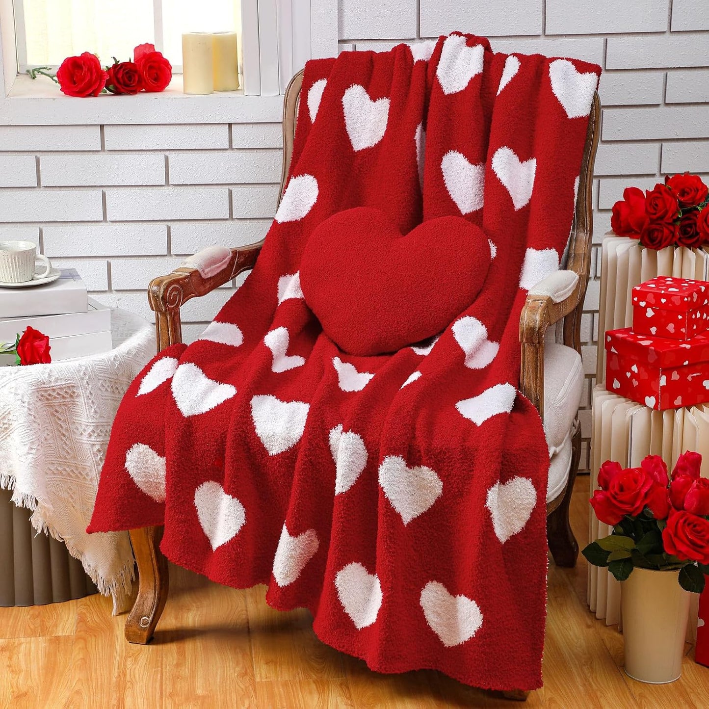Valentine's Day Throw Blankets Pillow Gifts Set Valentines Gift Include Double Sided Flannel Blanket 50 x 60 Inch and Plush Throw Pillows Cushion for Couch Sofa Bed Decorations