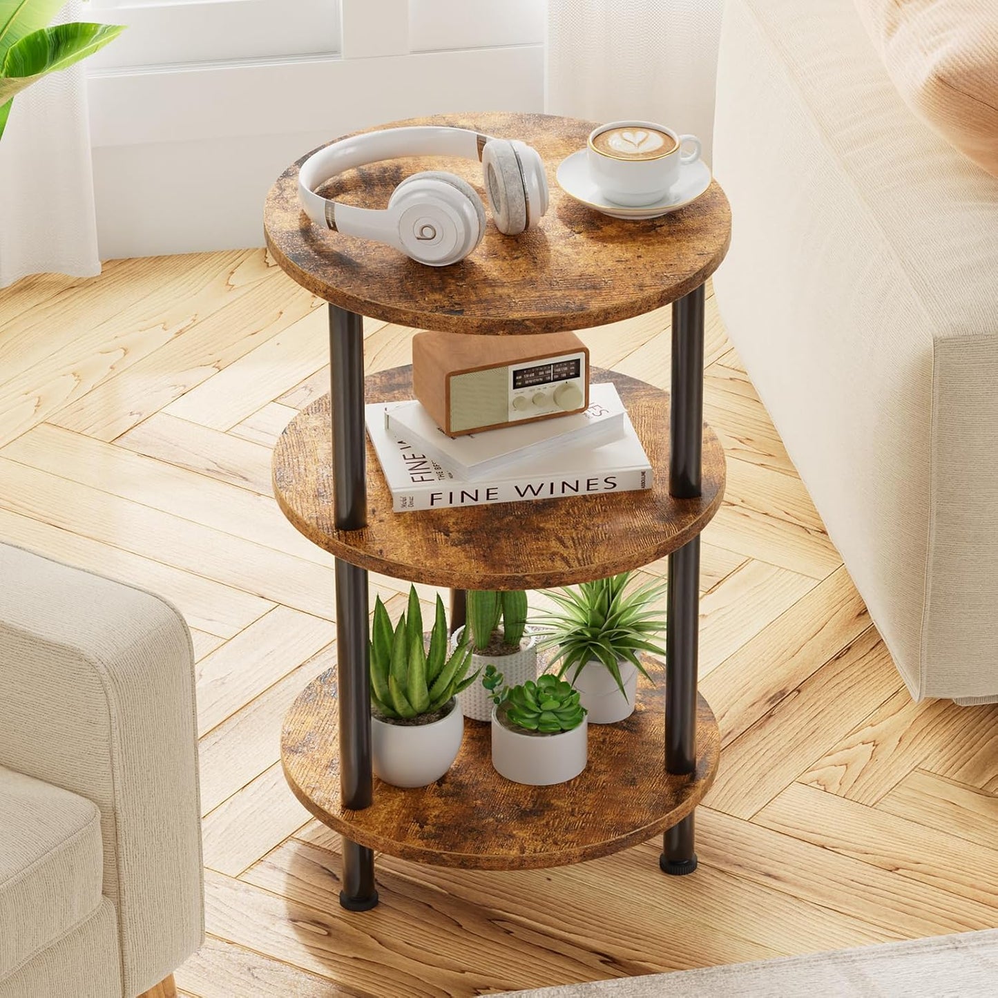 Simple Trending End Table Living Room, Small Round Side Table, 3 Tiers Accent Table for Small Spaces, Rustic Brown