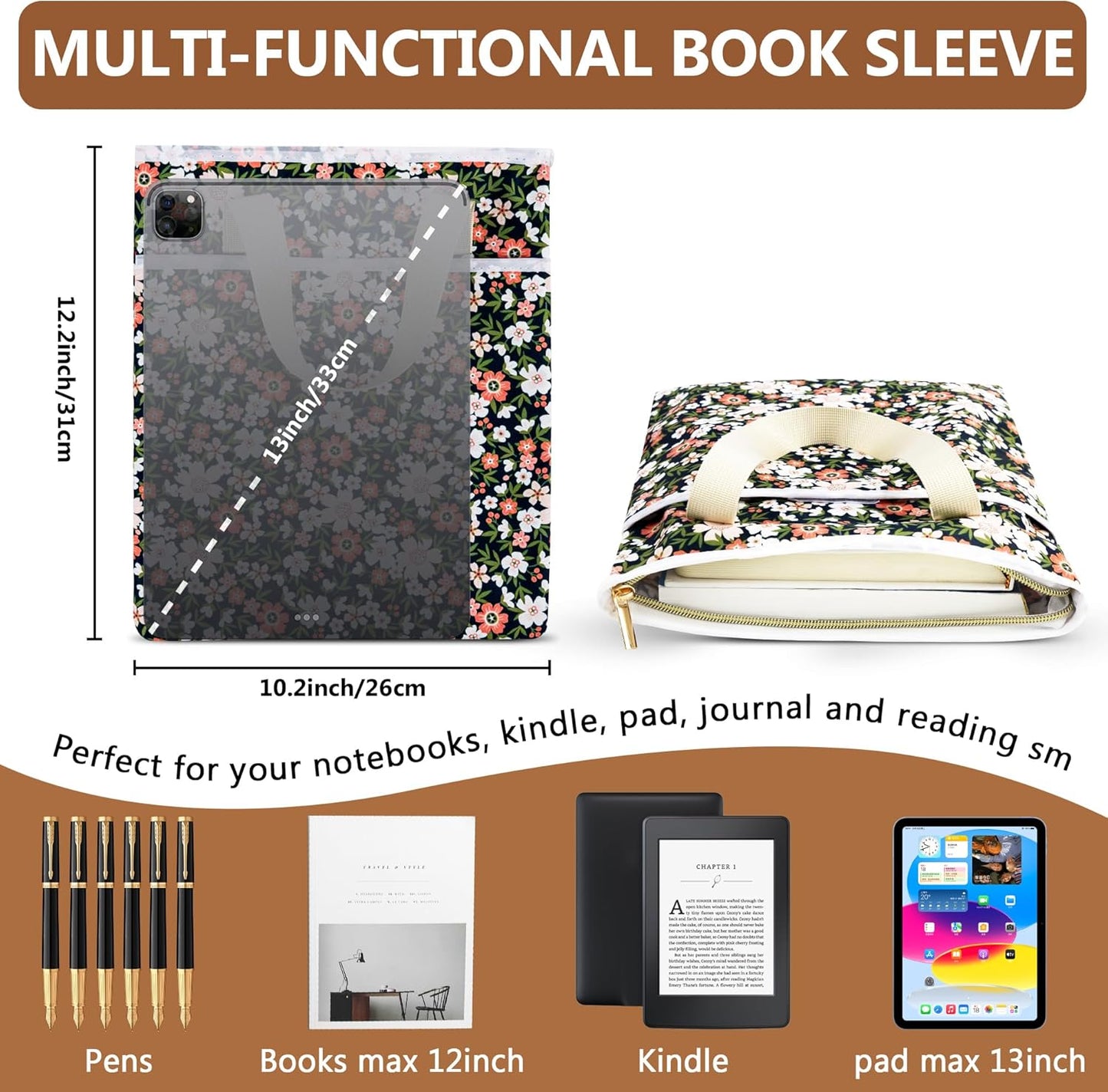Book Sleeve for Book Lovers, 12.6" x10.6" Book Cover for Hardcover Paperbacks Bible Textbook Comic Kind1e Journal, Book Pouch with Zipper Gifts for Readers Book Lovers Women(Daisy)