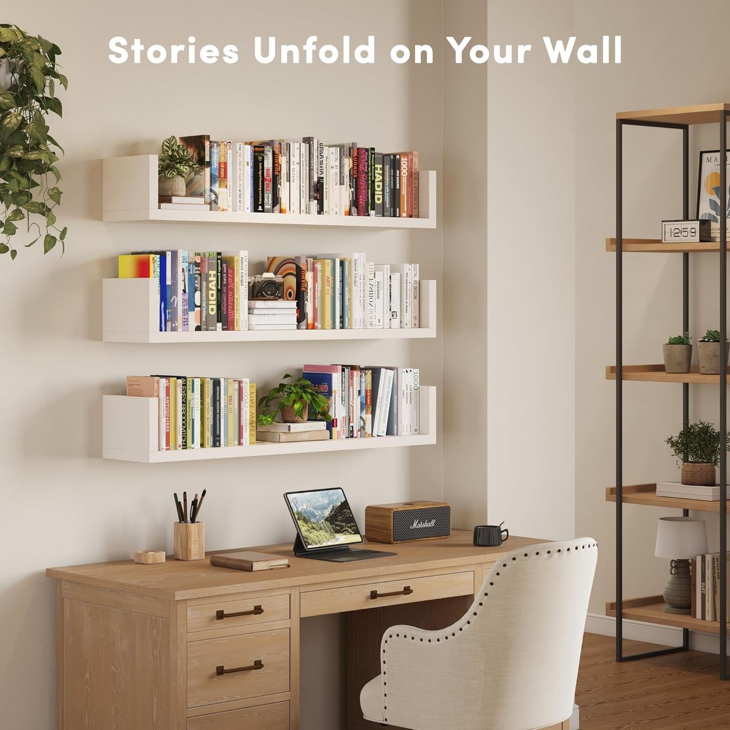 Wall Bookshelf, Set of 3, U Shaped Floating Bookshelf, Hanging Bookshelves for Wall, Wall Mounted Shelves for Living Room Bedroom Office (White, 23.6 Inches, 3)