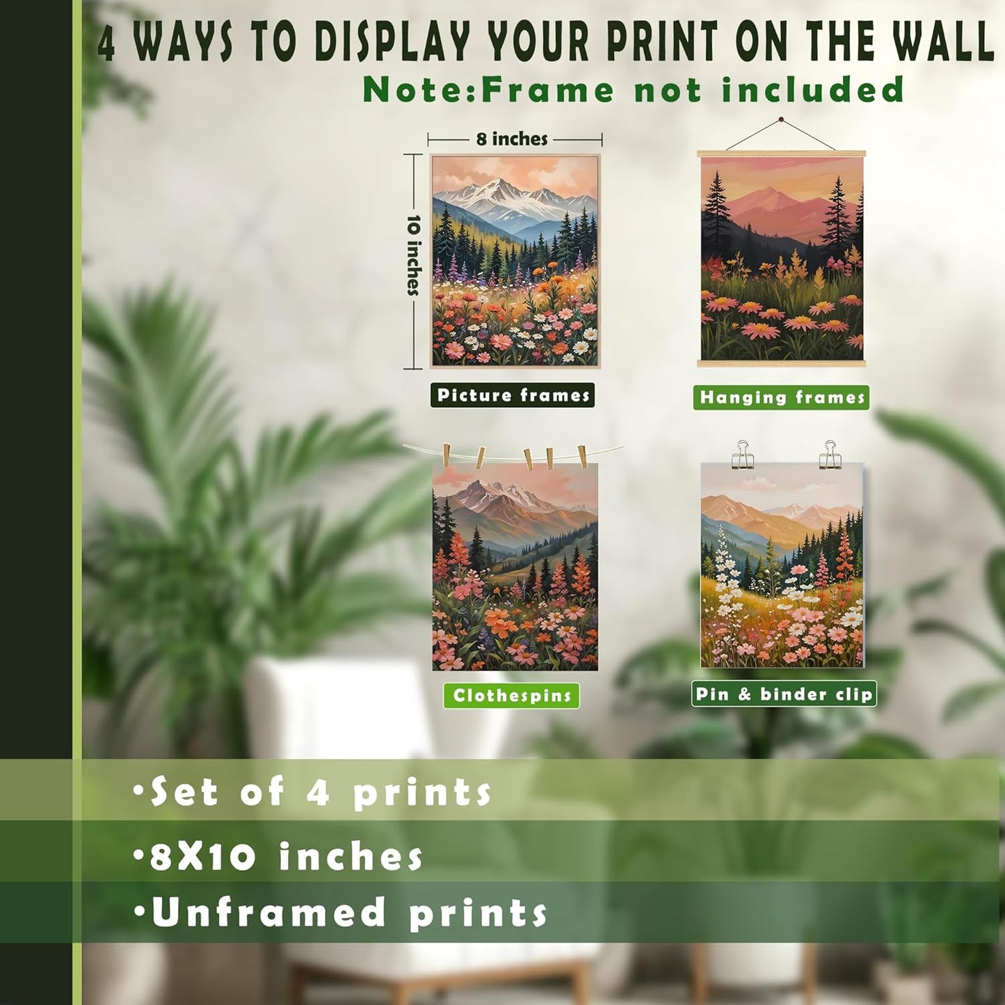 LUKIPOM Boho Maximalist Mountain Floral Wall Art Posters Set of 4, Colorful Wildflower Field Mountain Landscape Canvas Prints Artwork Wall Decor for Bedroom Home Office, 8x10 Unframed