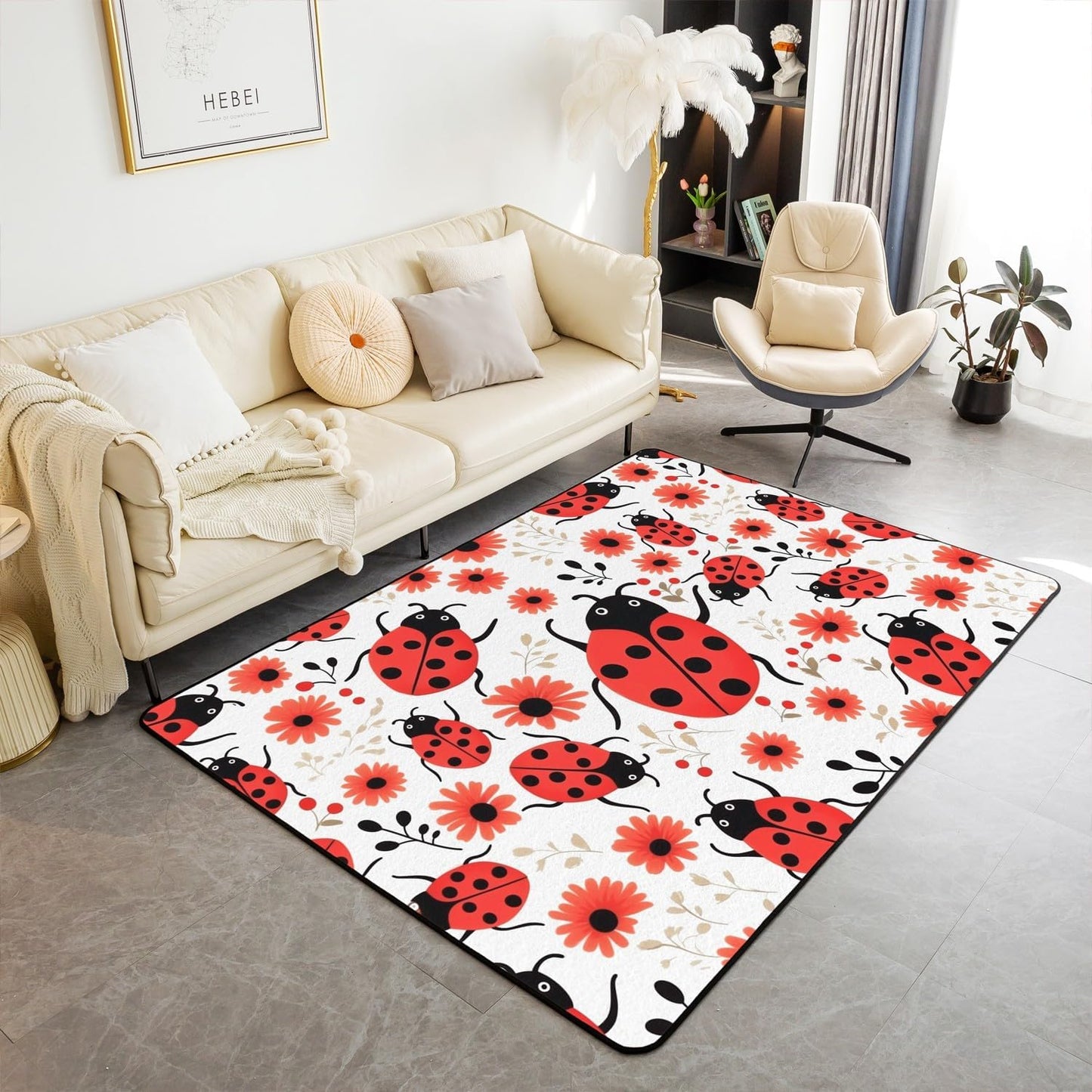 Erosebridal Ladybug Living Room Rugs 6'6" x 4'11" Seven-Spotted Area Rug for Kids Girls Women Floral Botanical Black Red White Decorative Carpet Non Slip Indoor Floor Mat