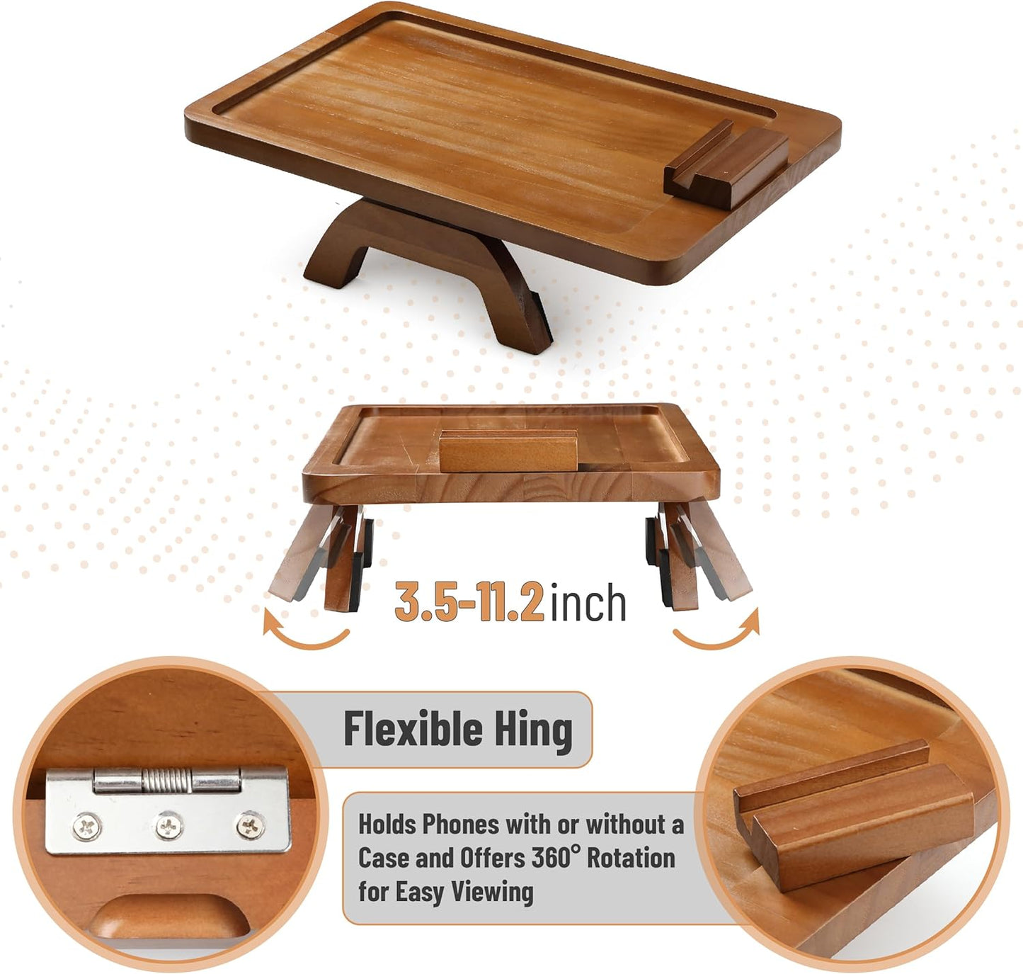 BAMBOO LAND- Couch Arm Tray, Wooden Folding Couch Armrest Table, Rectangular Clip-On Sofa Arm Tray with 360° Rotating Phone Holder