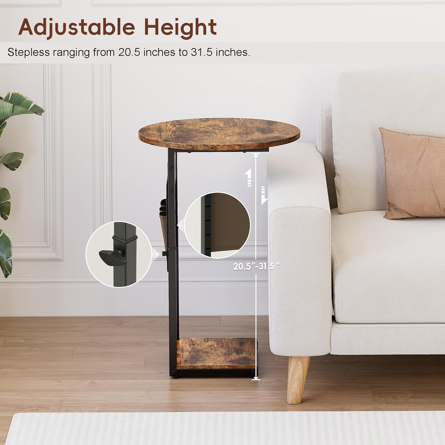 Vagusicc C Shaped End Table, Adjustable Height Small Side Table for Couch, 32" Tall Couch Side Table Slide Under Sofa Table TV Tray with Storage Bag for Living Room and Bedroom, Brown