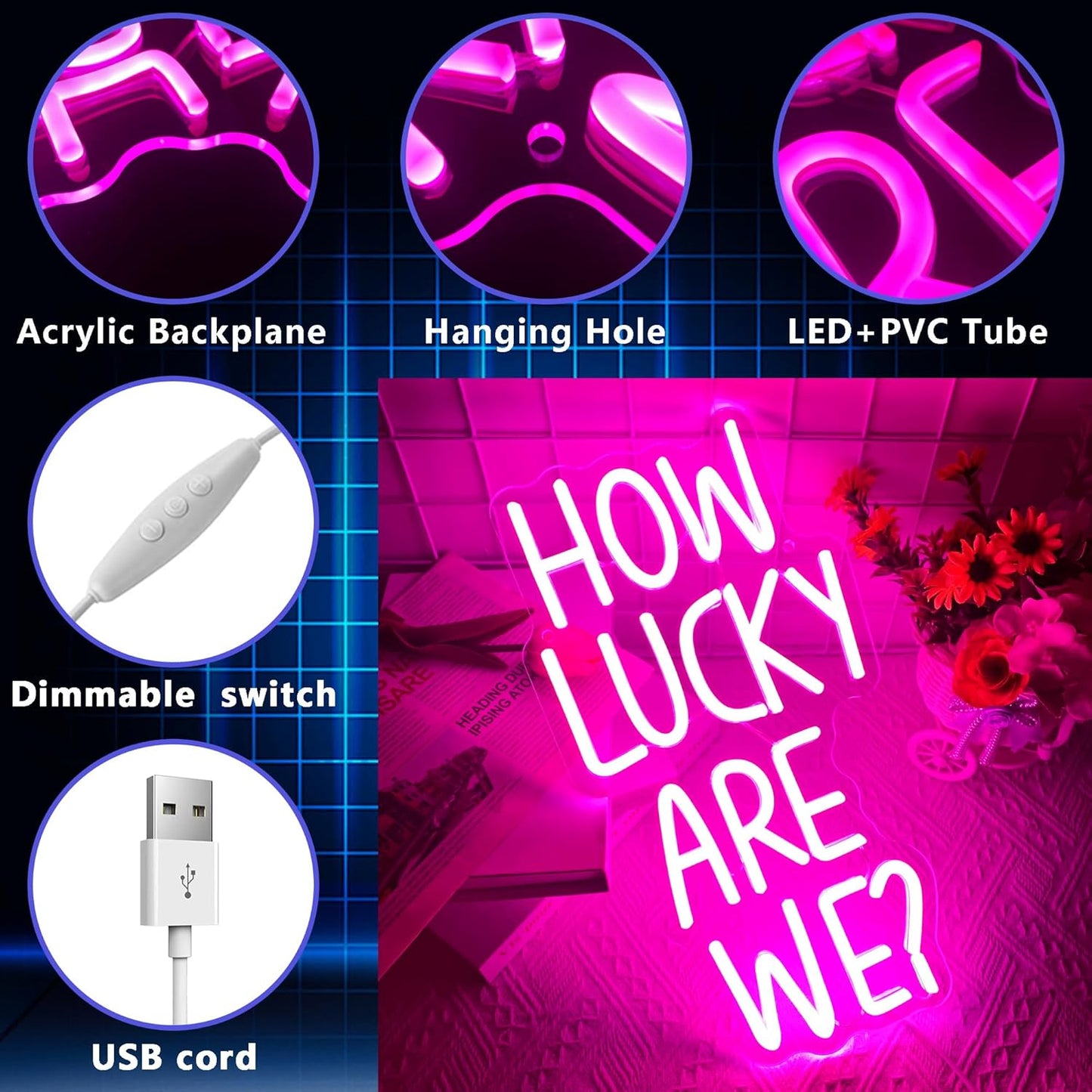 How Lucky Are We Neon Sign, Dimmable LED Pink Anniversary Quote Neon Sign, Motivational Wall Decor, Inspirational Quote Sign Neon Light Sign for Wedding Bedroom Living Room Girls Romantic Gift(8.2*15.3in)