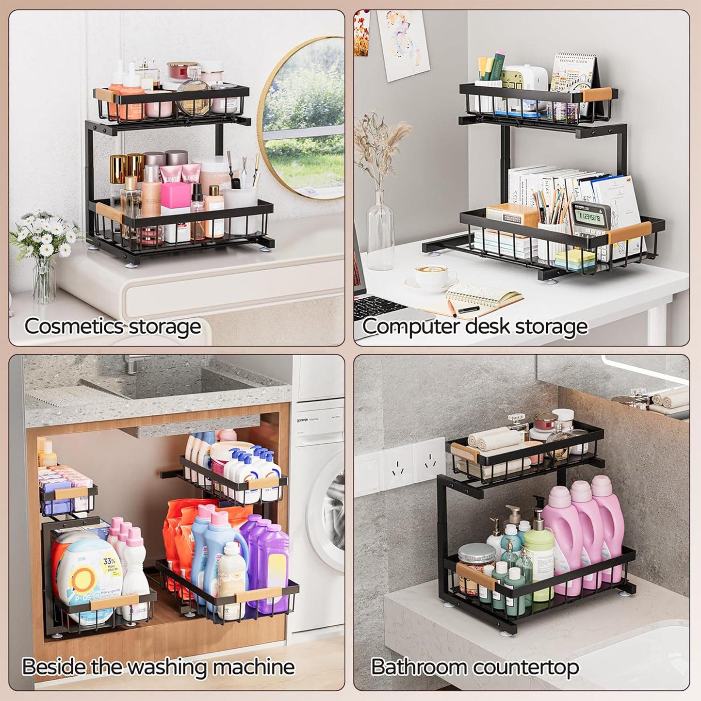 ADBIU Under Sink Organizer 2 Pack, 2 Tier Pull Out Cabinet Organizer with Expandable Height (13.2"-17.2"), Slide Out Metal Storage Shelves for Kitchen, Bathroom, Pantry and Under Cabinet