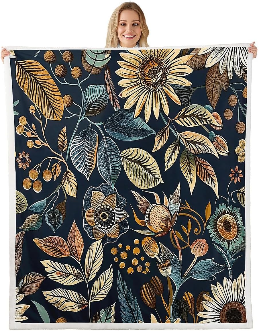 Feelyou Blue Boho Throw Blanket Vintage Floral Soft Fleece Sherpa Cozy Fuzzy Plush Warm Retro Flower Paisley Botanical Fuzzy Plush Throw Twin 60"x80" for Bed Couch Living Room