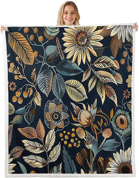 Feelyou Blue Boho Throw Blanket Vintage Floral Soft Fleece Sherpa Cozy Fuzzy Plush Warm Retro Flower Paisley Botanical Fuzzy Plush Throw Twin 60"x80" for Bed Couch Living Room
