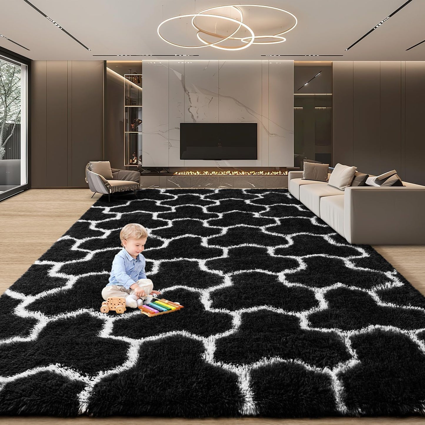 EVOIONOS 6x9 Washable Large Area Rug for Living Room, Black and White Geometric Pattern Fluffy Shag Rug for Bedroom, Ultra Soft Plush Non Slip Carpet for Indoor Floor Nursery Kid Home Decor Aesthetic