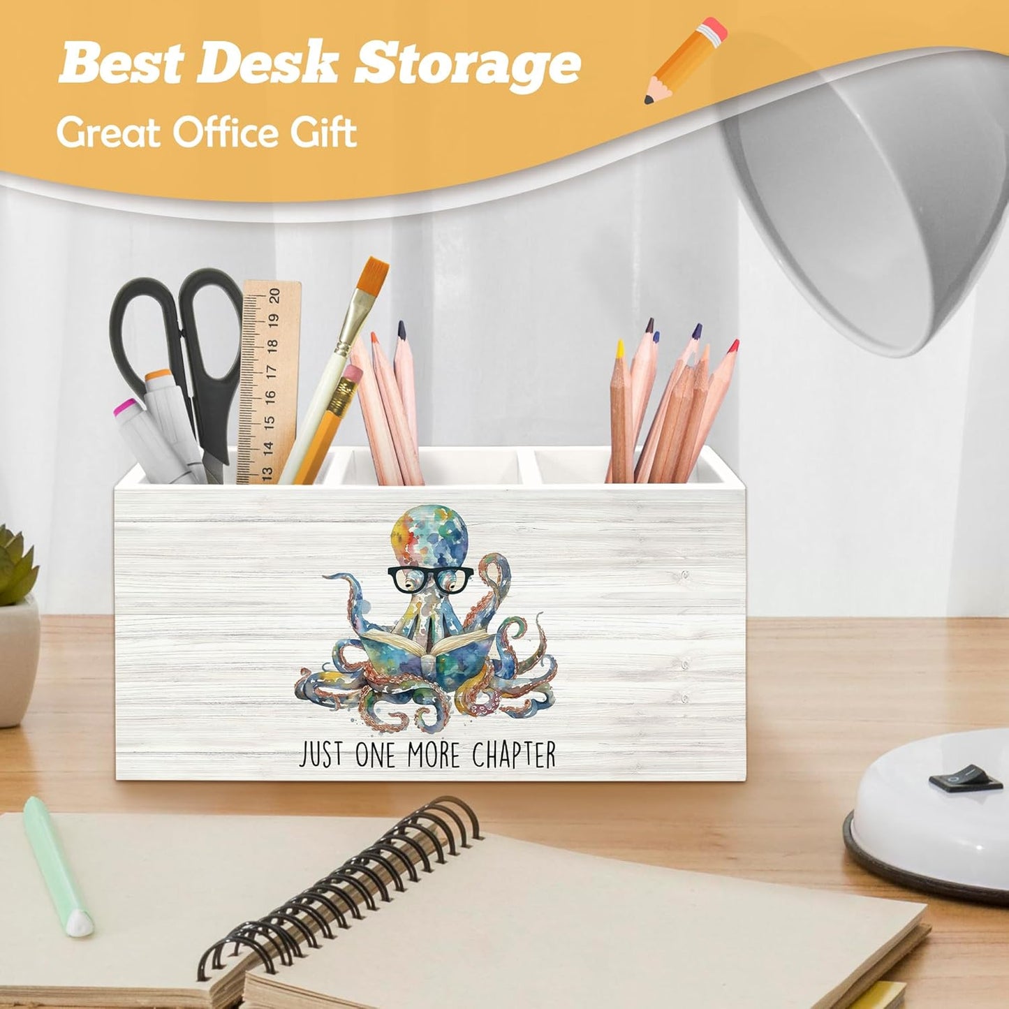 Book Lovers Gifts Pen Holder Organizer for Desk Accessories, Just One More Chapter Octopus Bookish Wooden Box Desk Decorations for Kids Reading Corner Nook Room Classroom Decor
