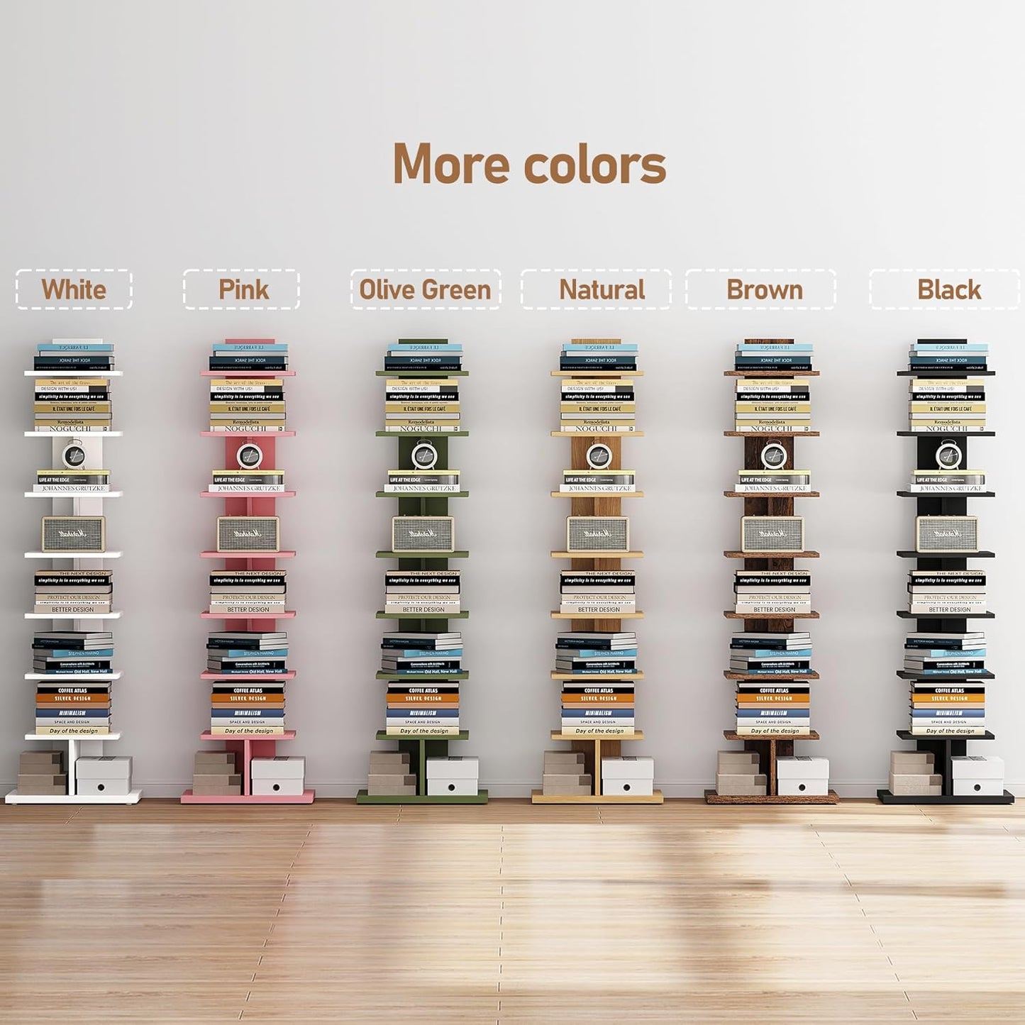 TUTOTAK Narrow Bookshelf, 8-Tier Bookcase, Spine Book Shelf for Small Space, Corner Standing Shelf for Living Room, Office, Study, Entryway, Rustic Brown BS06BB008