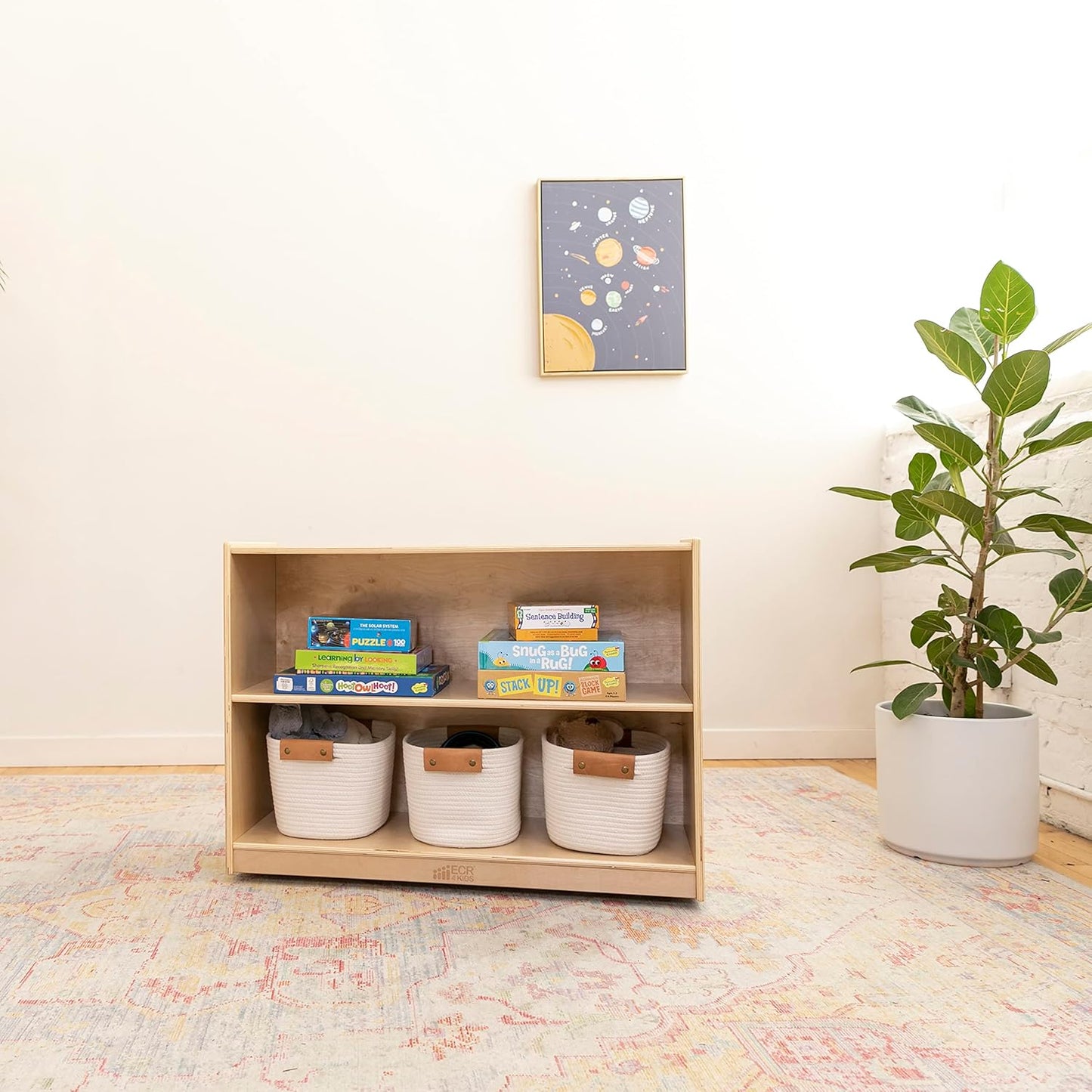 ECR4Kids 2-Shelf Mobile Storage Cabinet, Classroom Furniture, Natural