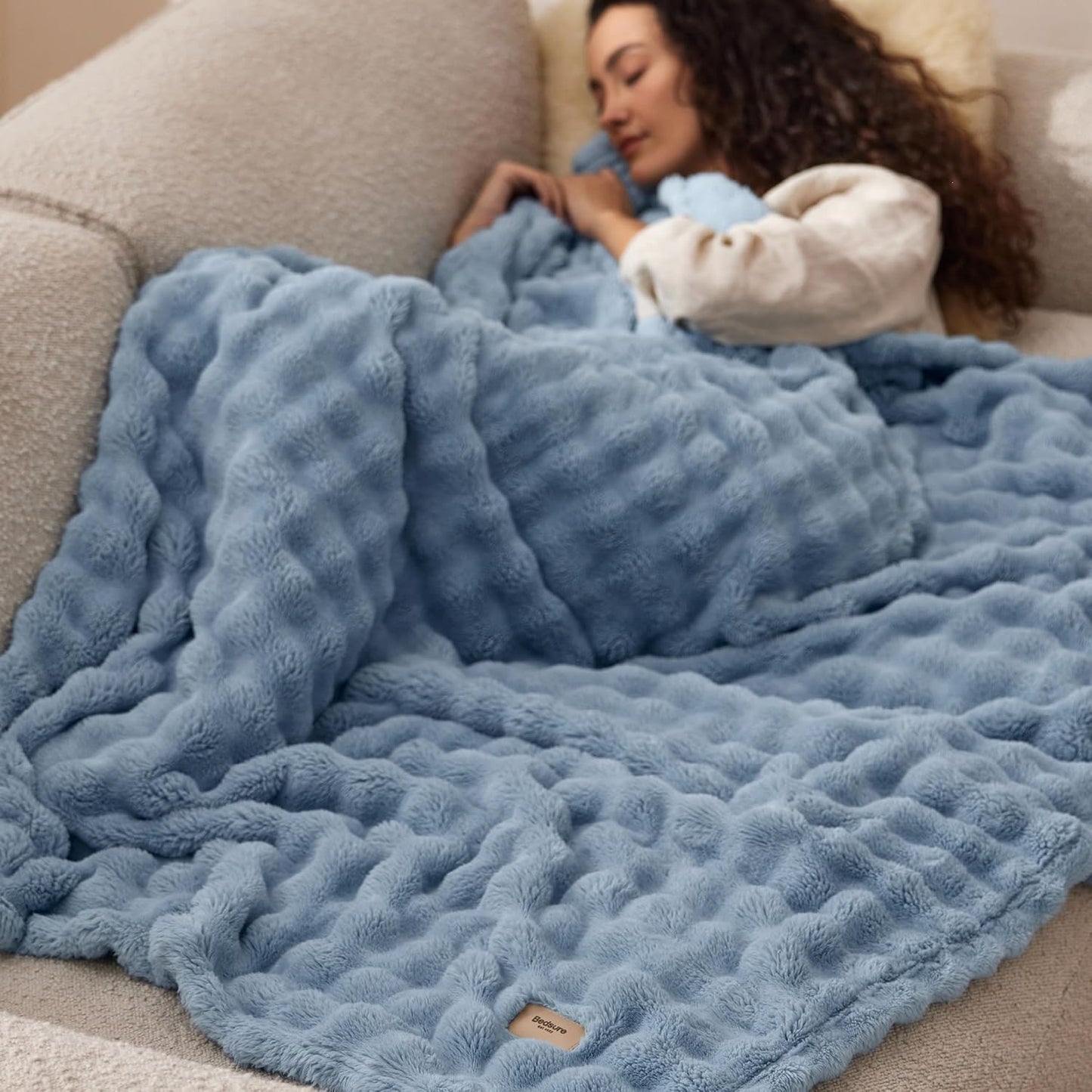 Bedsure 3D Fleece Bubble Blanket for Couch - GentleSoft Blue Spring Throw Blanket for Sofa Bed Room Decor - Luxury Soft Cozy Gifts for Her, Lightweight, All Seasons, Celestial Blue, 50"×60"