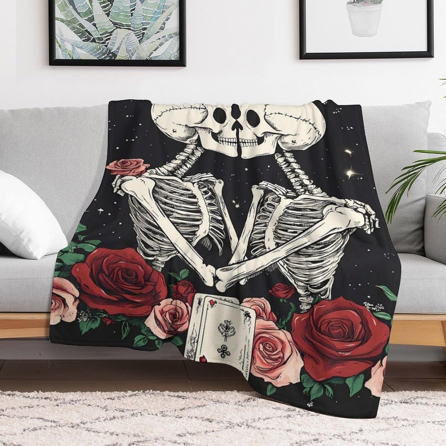 Skull Flower Throw Blanket for Couch Bed Plush Cozy Fuzzy Flannel Blanket for All Season 40"x60"