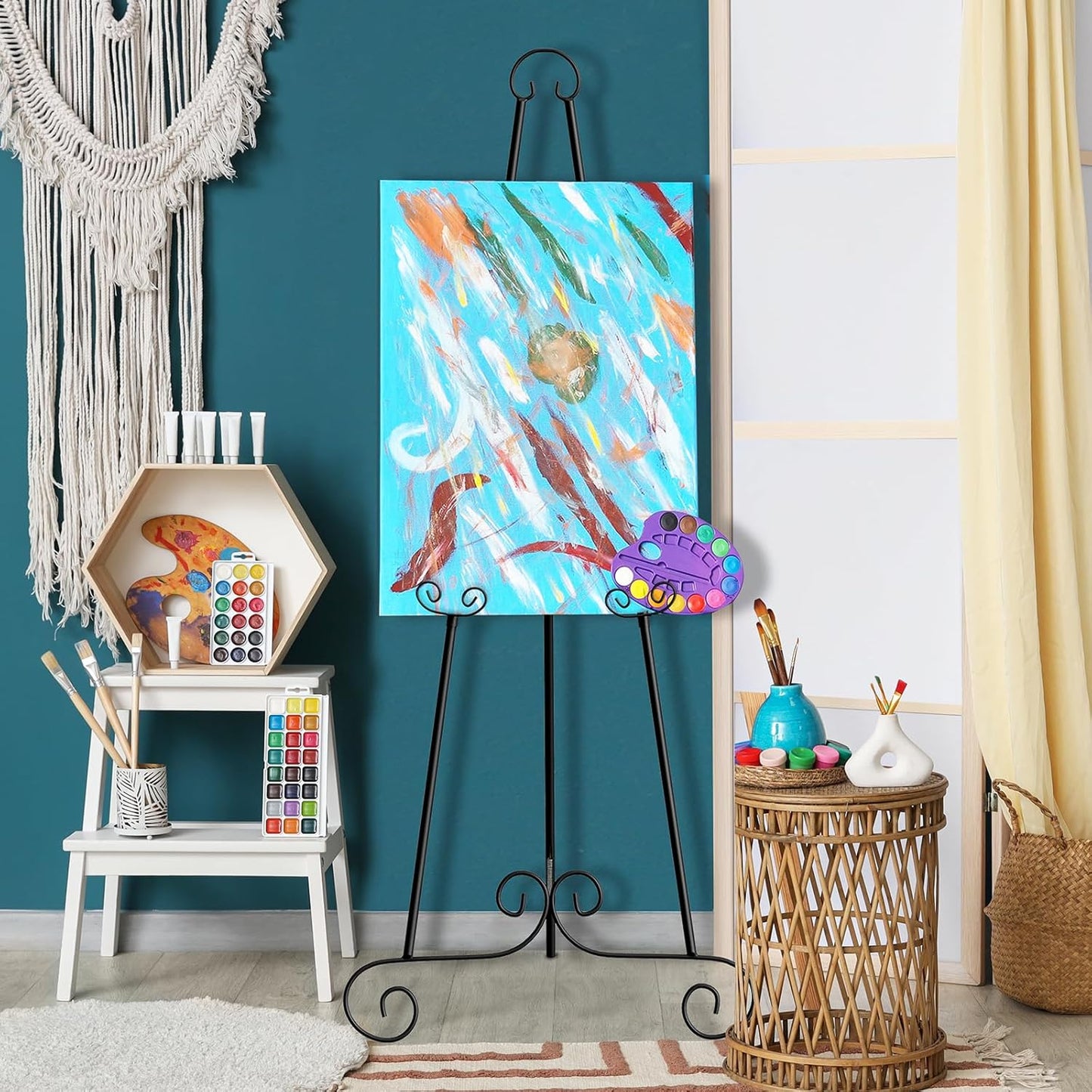 46" H Metal Round Tube Scroll Display Easel, Classic Black Decorative Large Adjustable Floor Standing Easel with Chain Support, Perfect for Showcasing Pictures, Artwork, Picture Frame Wedding Sign Etc