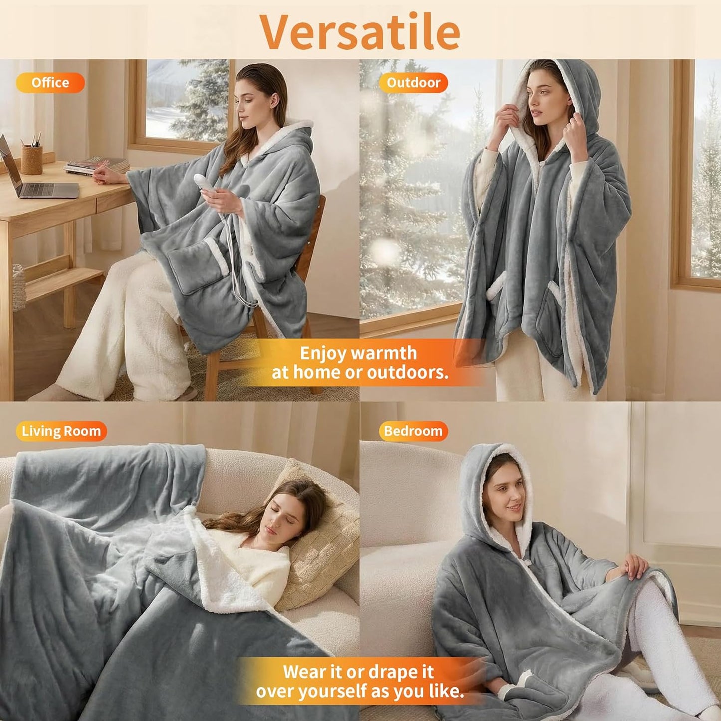 Myiosus Heated Blanket Wearable Shawl, Electric Wrap Poncho Blanket Hoodie with Pockets, Velvet & Sherpa Heating Throw with 6 Heating Levels & 4 Time Settings,Birthday Gifts for Mom, 50 x 64 Inch,Grey