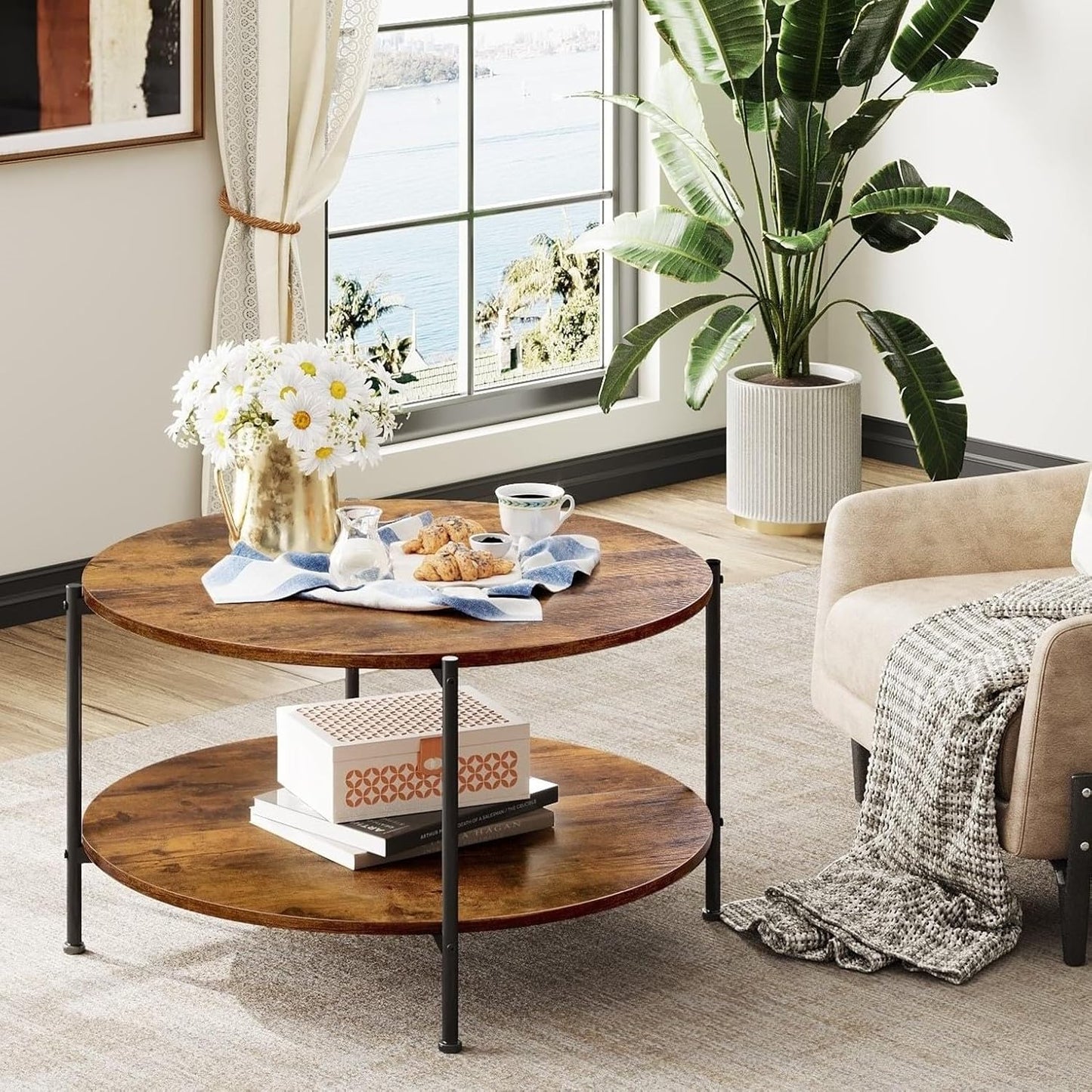 WLIVE Round Coffee Table, 32.6" Small Coffee Table with Storage Shelf, 2-Tier Circle Wood Center Table for Living Room, Apartment, Rustic Brown