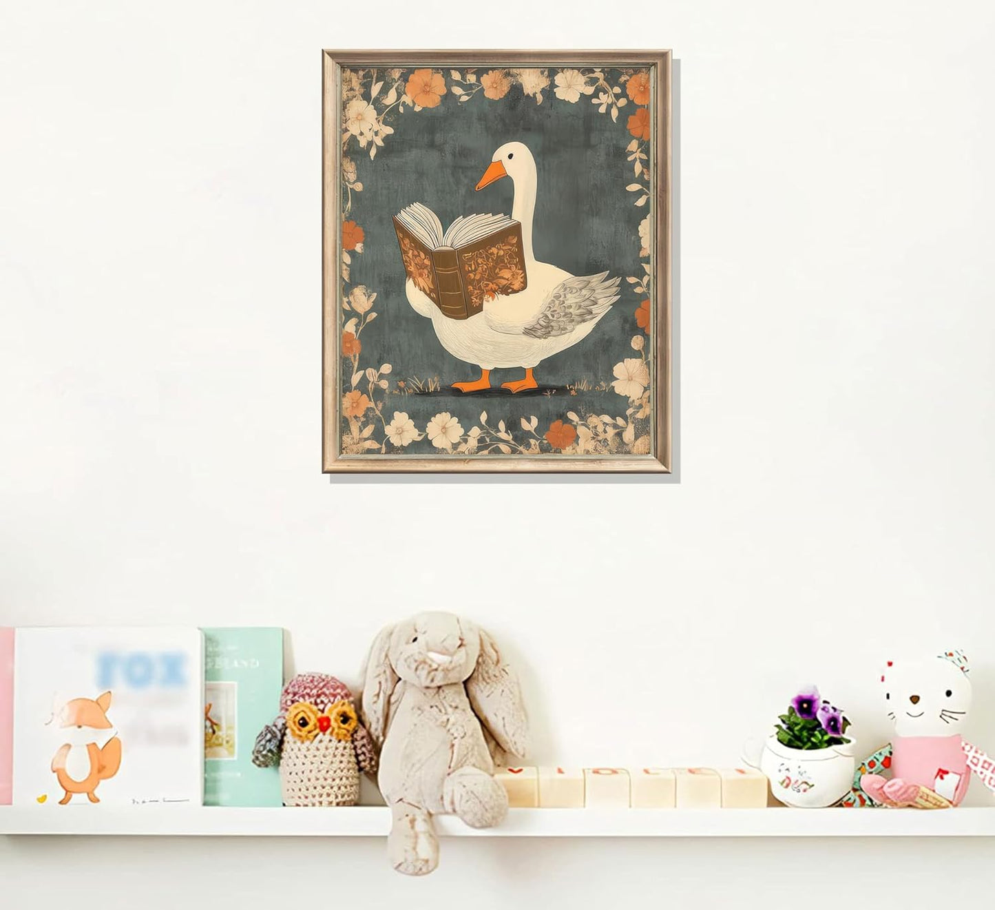 Nursery Book Wall Art Reading Goose Canvas Print Vintage Aesthetic Book Poster Inspirational Educational Picture Botanical Flowers Painting Wall Decor for Library Reading Room Bedroom Unframed