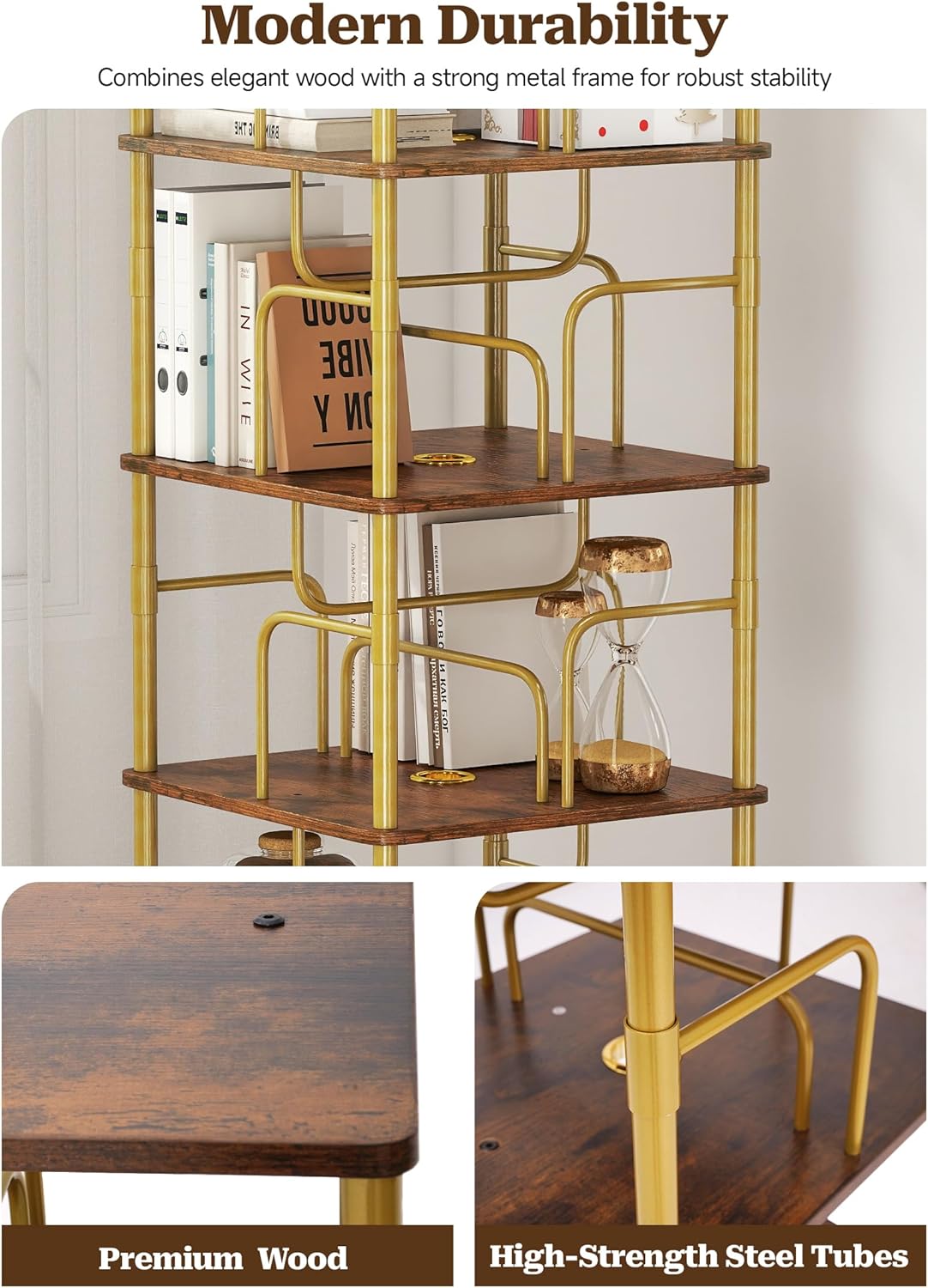 Rotating Bookshelf with Light, Wood Revolving Bookshelf Tower with Wheels, Small Floor Standing Book Organizer, 360 Display Corner for Small Space, 5-Tier