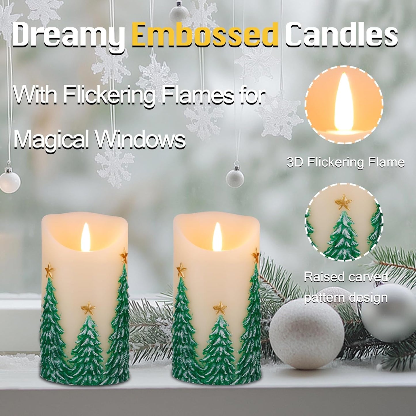 Christmas Embossed Tree Flameless Candles with Remote, Battery-Operated Real Wax LED Candle with Flickering Flame, Christmas Home Decor, Set of 2