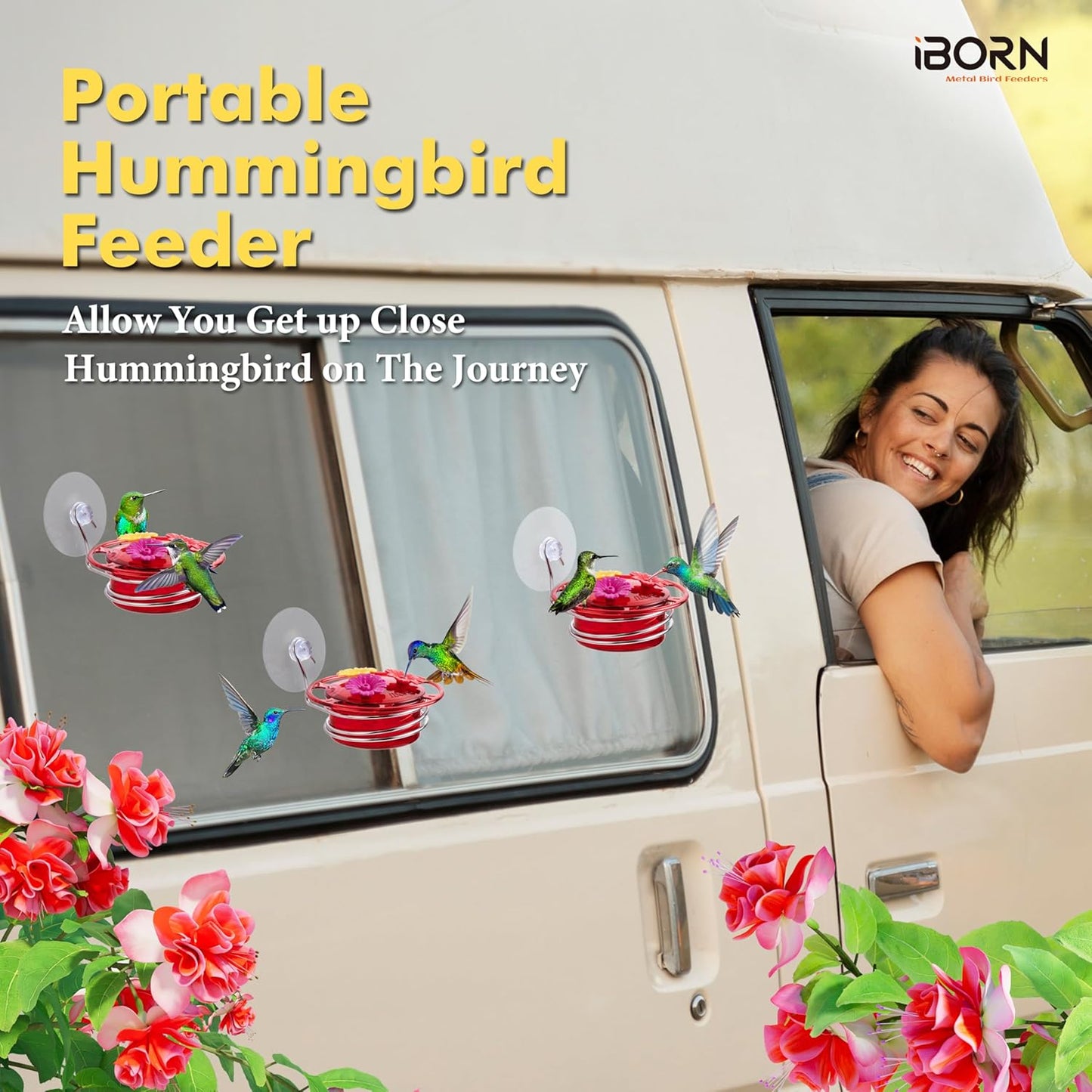 iBorn Window Hummingbird Feeder Mini Hummingbird Feeders for Outdoors, 3OZ Humming Bird Feeder with Strong Suction Cup, 3 Feeding Ports & Stainless Steel Base, 3 Set