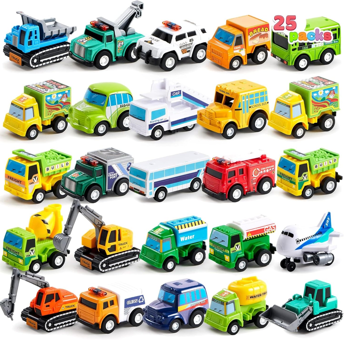 JOYIN 25 Pieces Pull Back Cars and Trucks Toy Vehicles Set for Toddlers, Girls and Boys Kids Play Set, Party Favors, School Gifts, Goodie Bags Stuffers for Kids, Easter Basket