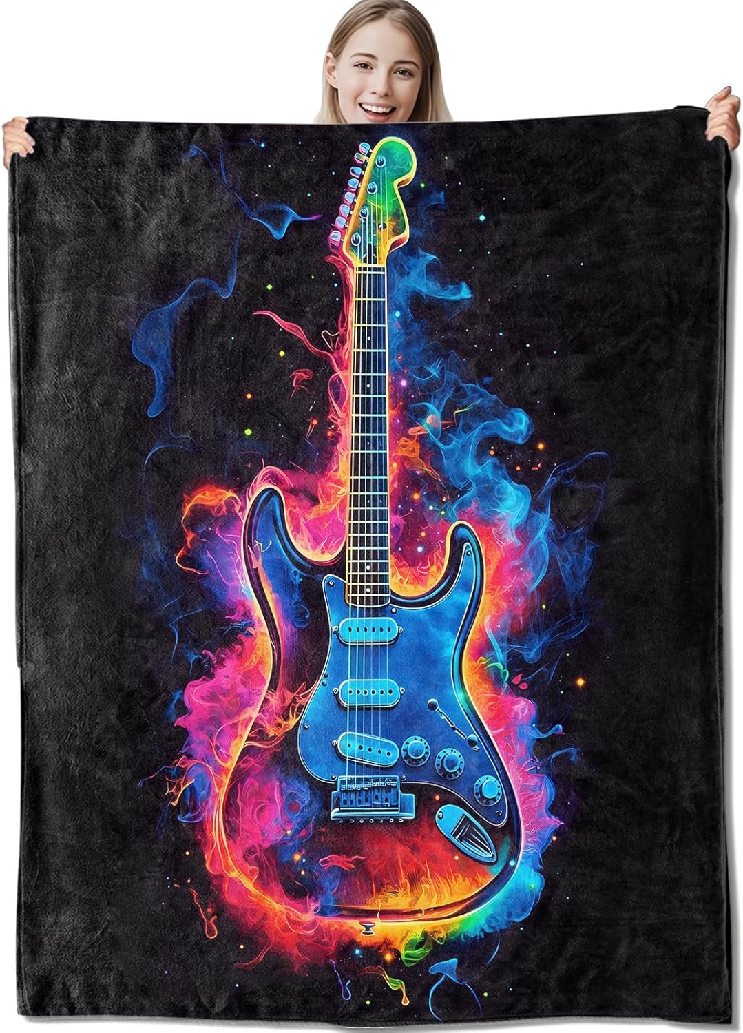 Neon Electric Guitar Flannel Throw Blanket 50x60 Inch, Colorful Fire and Musical Instrument Design Blankets Soft Cozy Fleece Throws for Music Lover Bed Sofa Dorm Living Room Decor Gifts