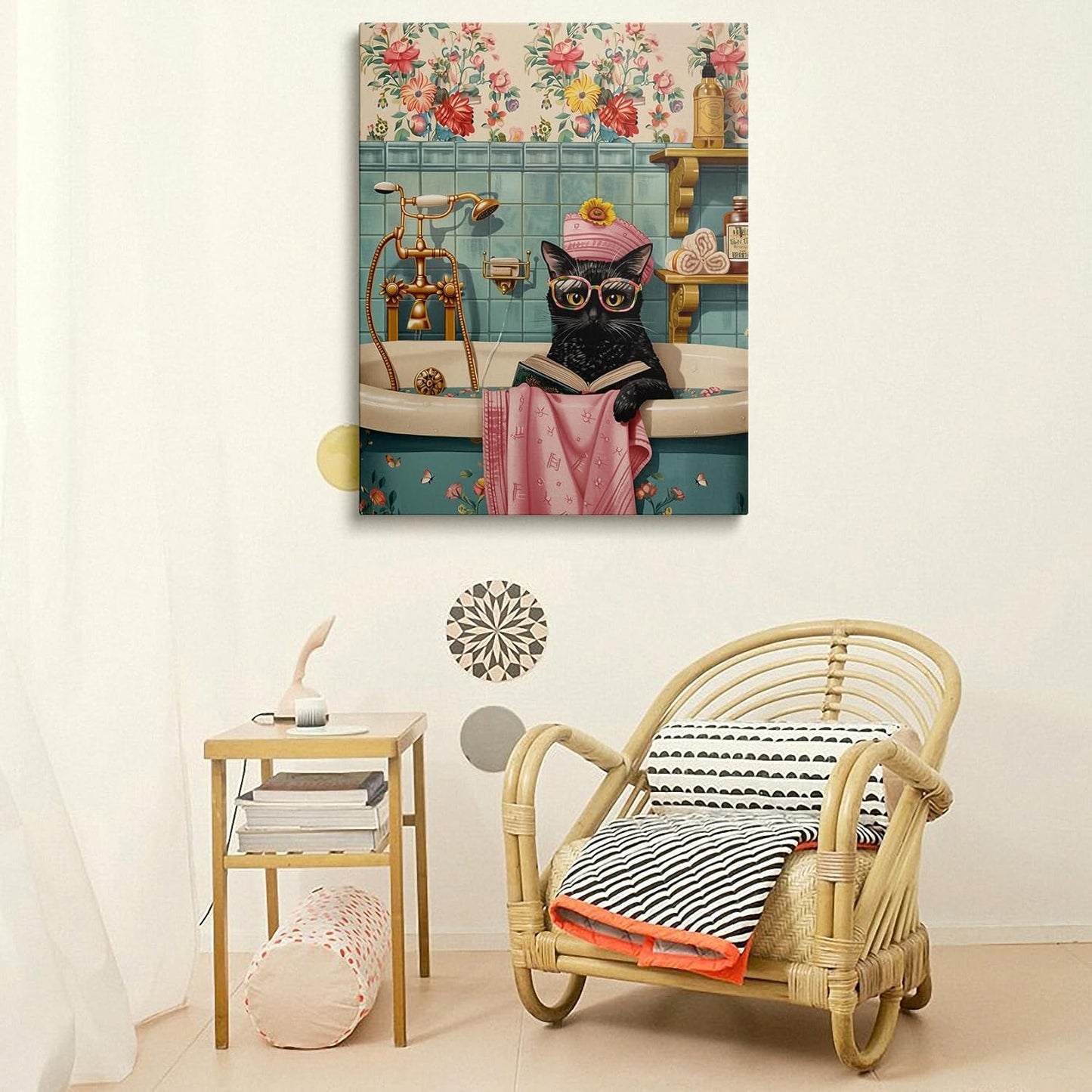 Whimsical Cat in Bathtub Canvas Wall Art Framed Painting Vintage Bathroom Scene with Glasses Bath Cap Wall Decor Artwork Print Poster Funny Cute Cozy for Bathroom Office Decor 16x24 Inches