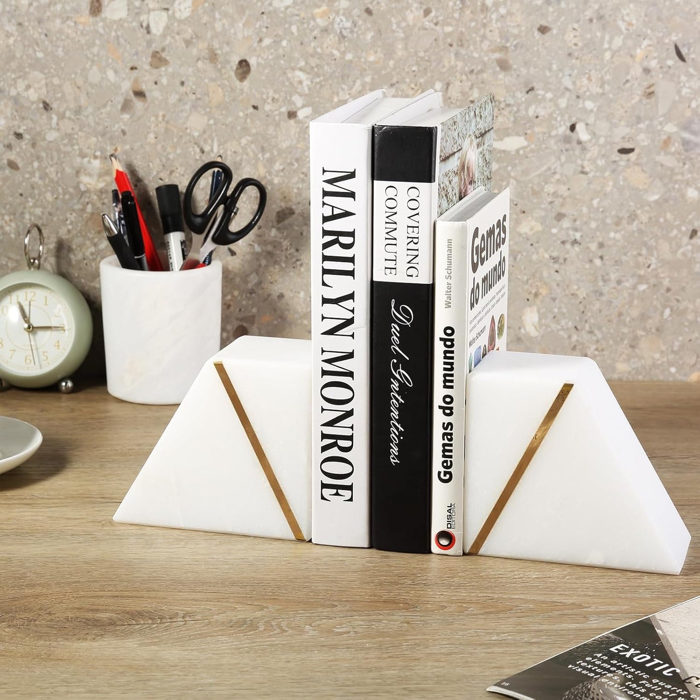 Natural Marble Bookends for Shelves, Decorative Book Ends for Heavy Books, Heavy Duty Mid Century Modern White and Gold Stone Book Holders with Brass Inlay, Unique Bookshelf Stopper Decor, Set of 2
