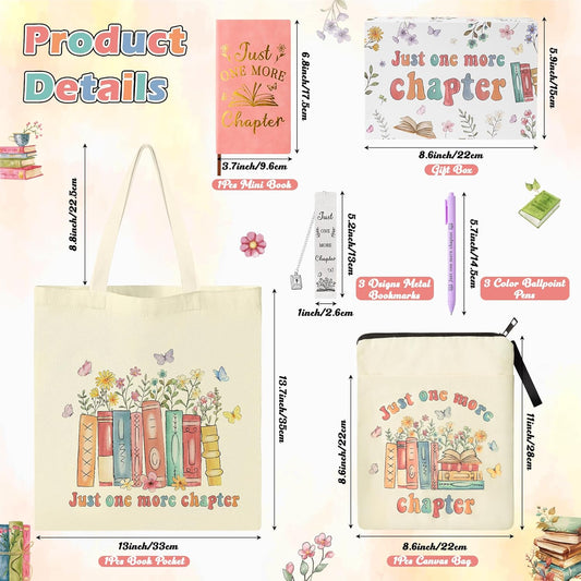 K1tpde Book Lover Gift for Women - 9PCS Retro Wildflower Bookworm Gift Set Canvas Tote Bag, Book Cover Sleeve, Notebook, Ballpoint Pen and Bookmark, Birthday Bookish Present Book Accessories for Women