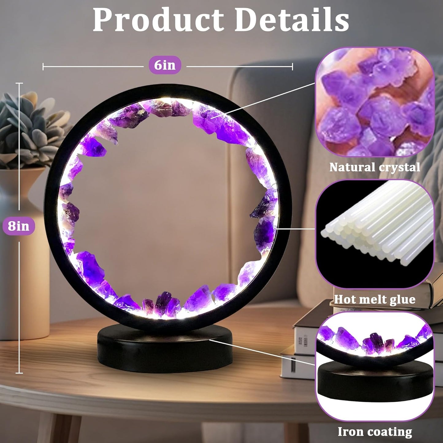 Crystals Night Light Amethyst Table Lamp,Natural Raw Amethyst Selenite Calming Lamps Crystal Healing Stone Bedside Light with 3 Color Dimming Mode,Nightlight for Office Home Decor Gift
