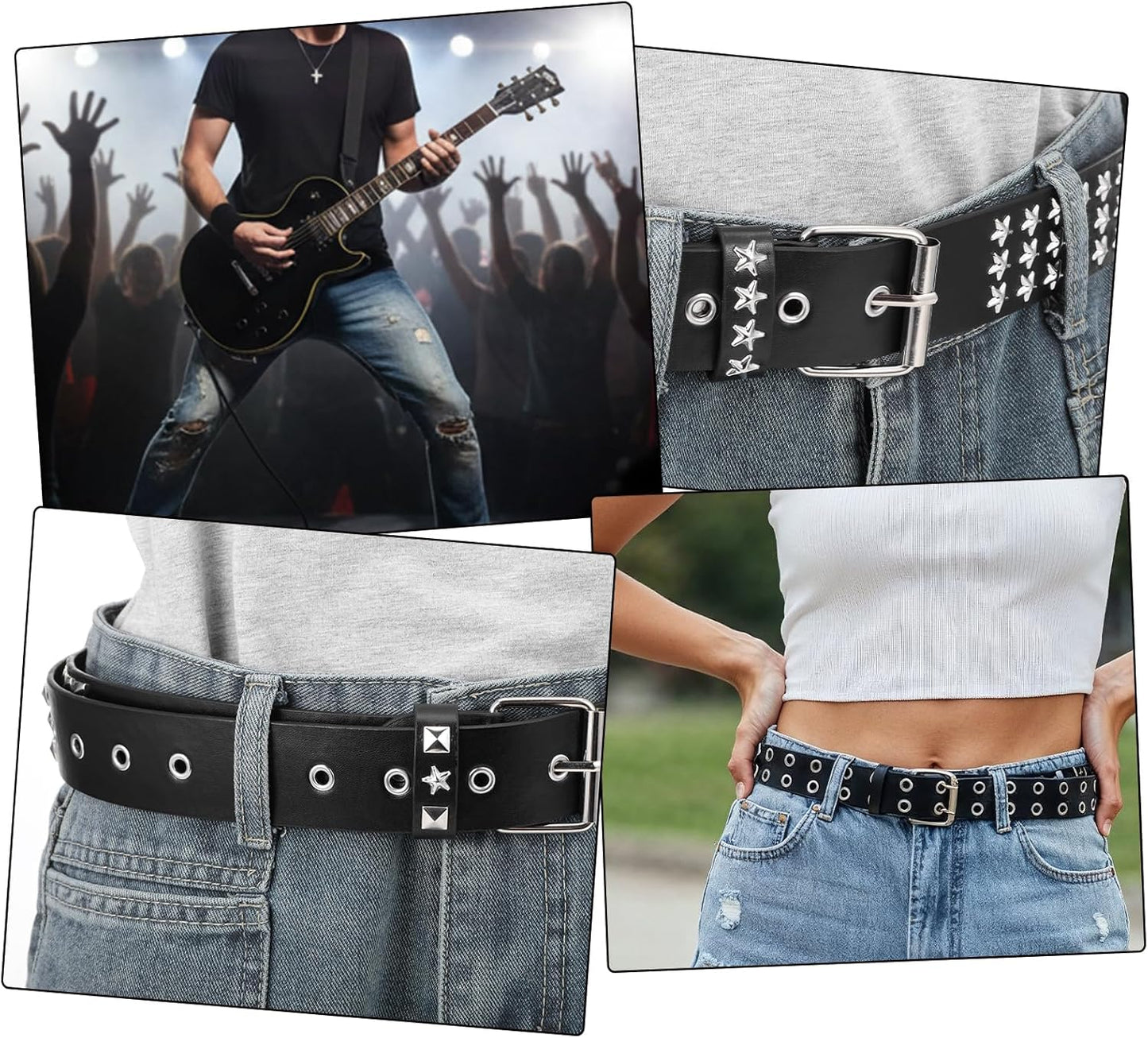 6Pcs Studded Belt Set for Men & Women - Punk Gothic Rivet Faux Leather Belts with Double Grommet, Square Studs, Small & Large Star Designs Adjustable Waist Belt for Jeans Costume Party Gift