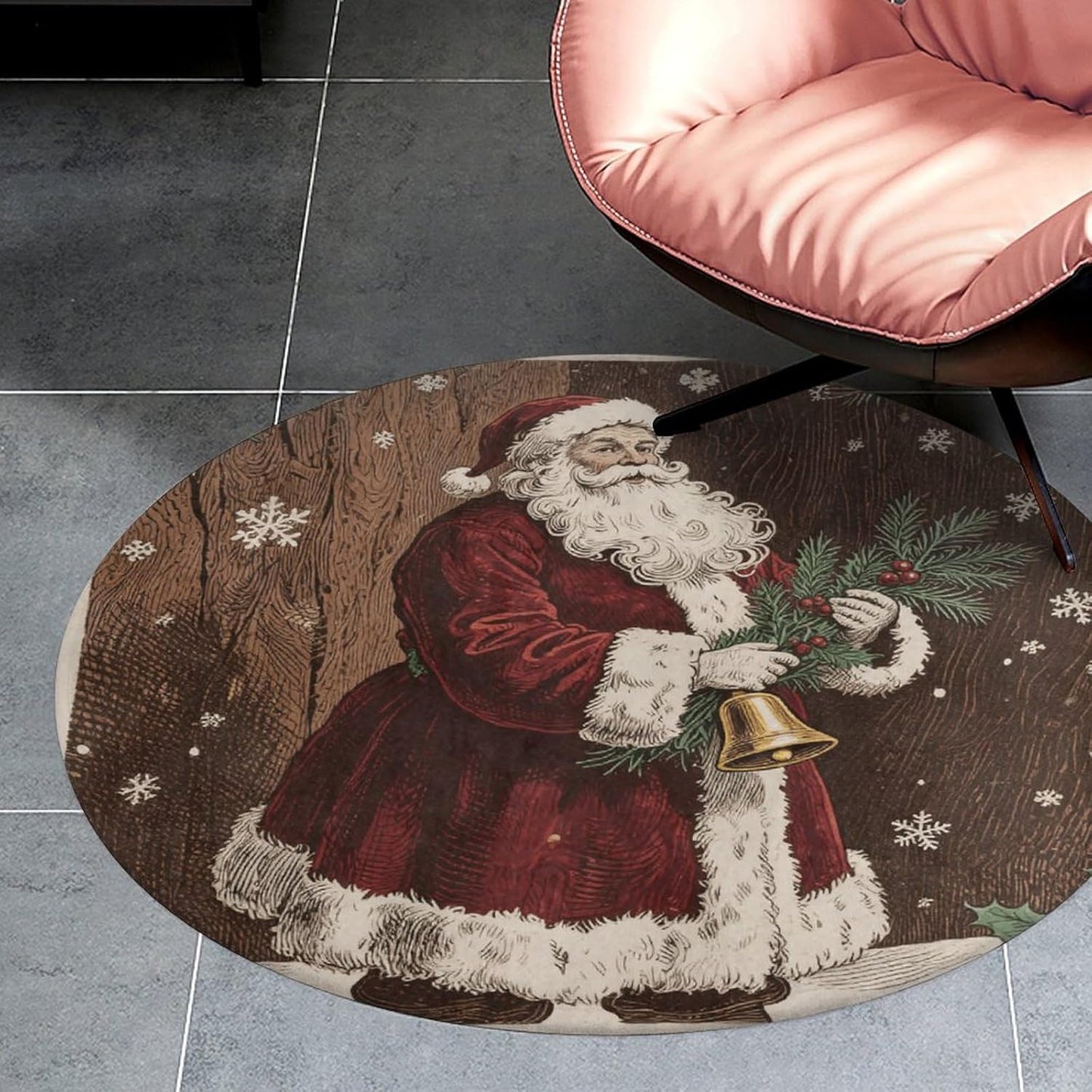 Coral Velvet Round Area Rug 2' Non-Slip TPR Backing Carpet 0.2 Inch Low Pile Christmas Santa Claus Door Mat Washable Decorative Floor Rug for Bathroom Kitchen Entryway Home Decor