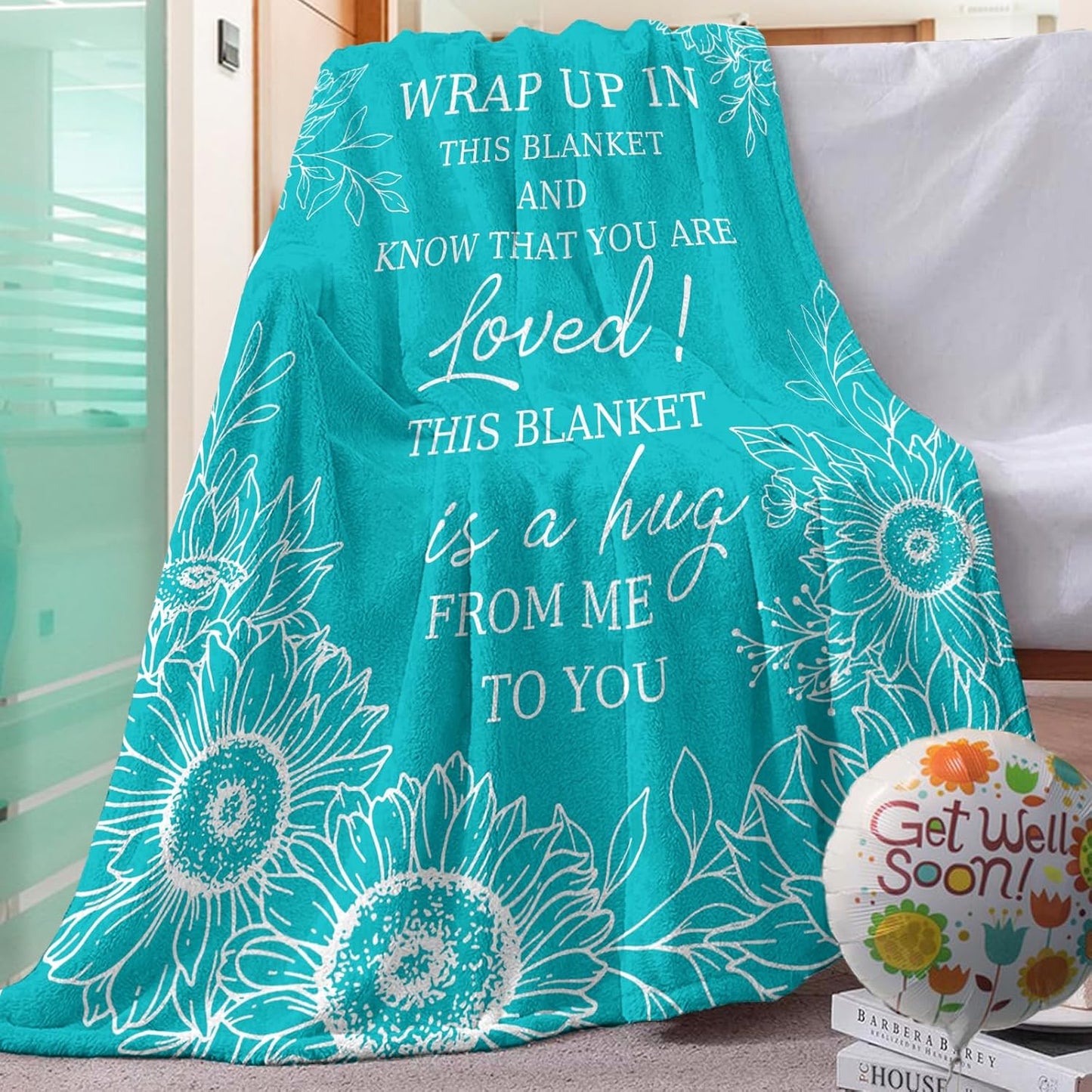 Get Well Gifts for Women Men Flannel Throw Blanket, Thinking of You Birthday Gifts, After Surgery Healing Gift Idea, Cancer Care Inspirational Present, Blue Sunflower Hug Soft Blankets 50x60 In