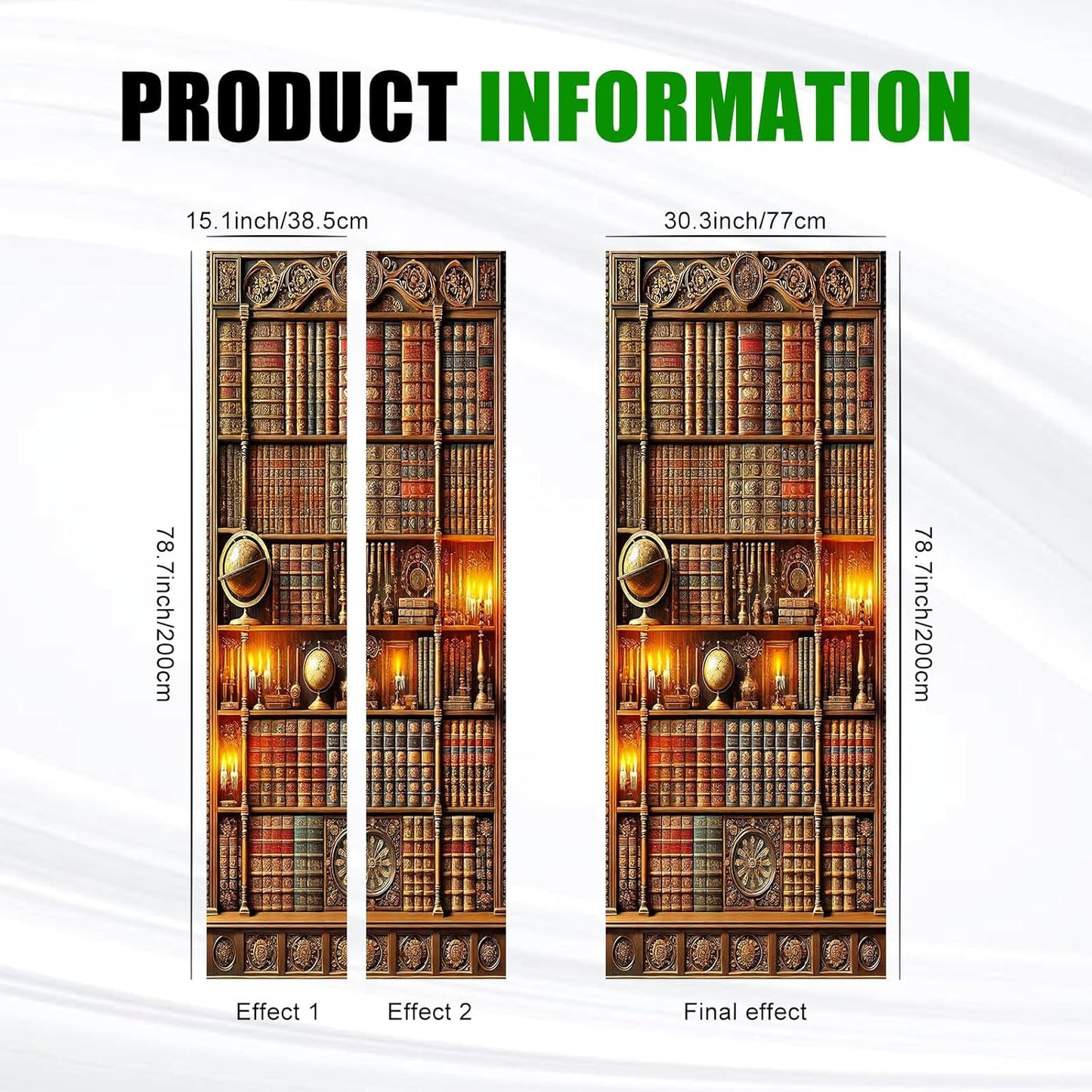 Vintage Bookshelf Door Sticker Classic Library Bookcase Mural Self Adhesive PVC Removable Door Decal for Home Office Bedroom Decoration 30.3 x 78.7 in