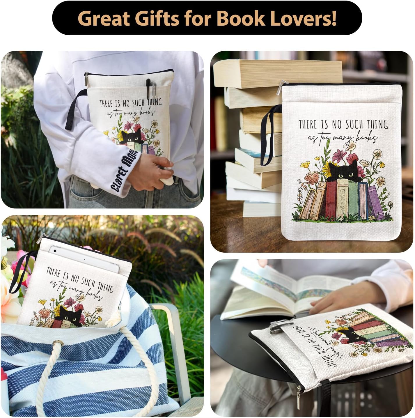 There is No Such Thing As Too Many Books Book Sleeve for Book Lovers Bookish, Black Cat Book Cover Gifts for Women Librarian Teachers Book Club Bookworm Birthday Graduation Reading Day