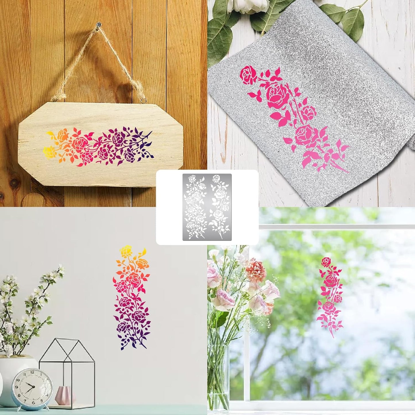 GORGECRAFT 7.5 x 5.5 Inch Rose Metal Stencil Flower Branch Rose Vine Swirls Leaf Blossom Stainless Steel Stencil Bookmark Template for Engraving Wood Burning Carving Pyrography Scrapbooking Crafting