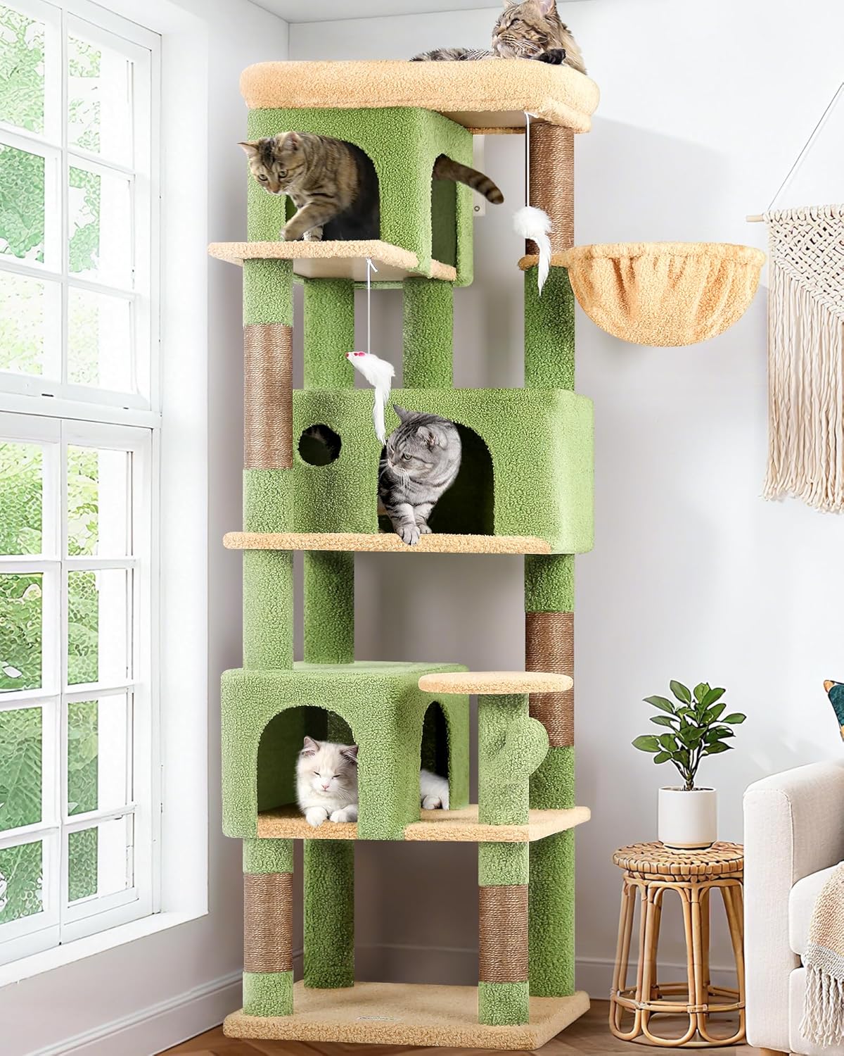 Globlazer Corner Cactus Cat Tree 66 inch Multi-Level Cactus Climbing Tower Kitty Condos Cat Scratching Tower for Indoor Multiple Cats with Large Platform, 3 Cat Caves, F66, Green
