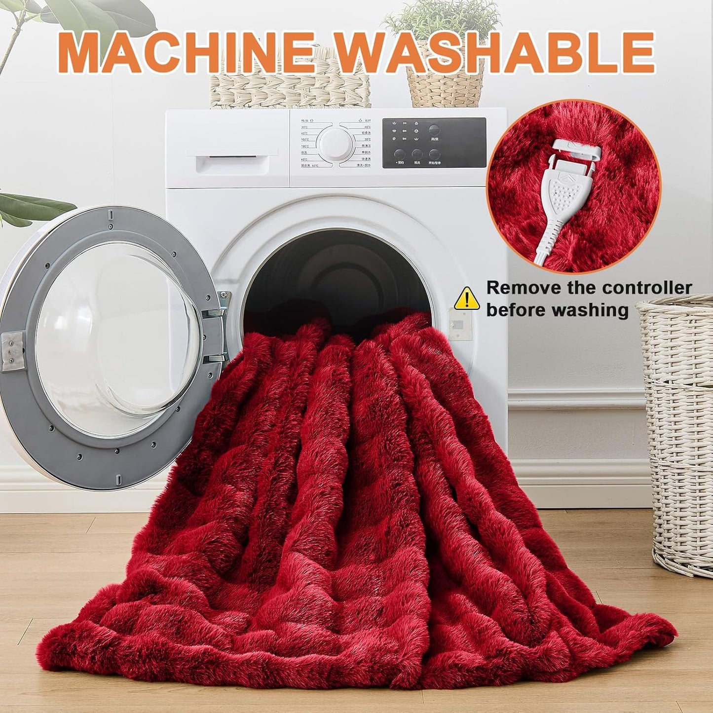 Heated Blanket Electric Throw Blanket 50''X 60''-Heating Blanket with 6 Heat Settings-4 Hours Auto Off,Cozy Faux Rabbit Fur Bubble Electric Blanket,Red