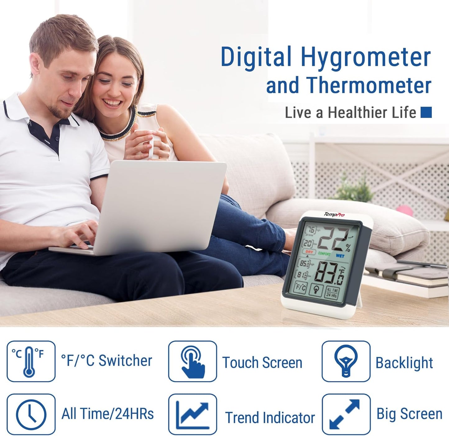 ThermoPro TP55 Digital Indoor Hygrometer Thermometer, 4-Inch Temperature / Humidity Monitor with Touchscreen and Backlit, Indoor Room Thermometer / Humidity Meter for House Home Greenhouse