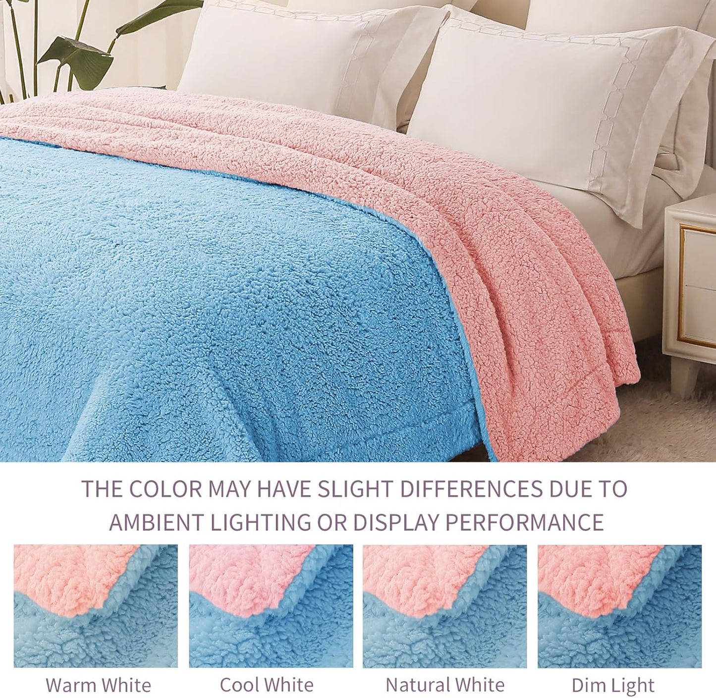 Exclusivo Mezcla Reversible Sherpa Throw Blanket for Couch, Thick and Warm Fleece Blankets for Winter, Soft Plush Fluffy, 50x60 Inches, Blue/Light Pink
