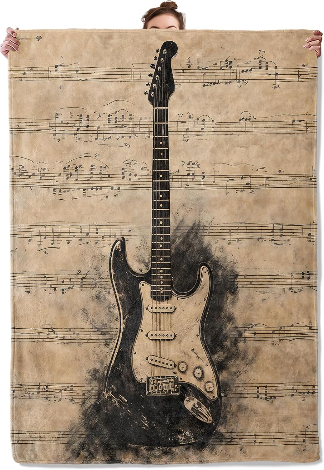Vintage Electric Guitar Throw Blanket, Retro Musical Instrument and Sheet, Soft Flannel Fleece, 50x60 Inch, Couch Sofa Studio Room Blankets for Music Lovers, Cozy Musician Home Decor Gifts