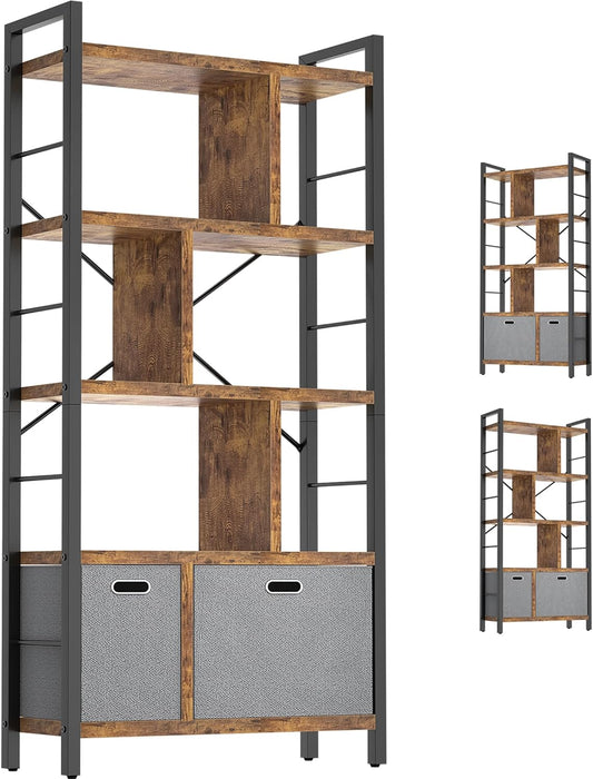 Armocity Bookshelf with Drawers - 5 Tier Tall Bookcase Geometric Modern Book Shelf Display Standing Bookshelves with Storage for Living Room, Bedroom Home Office, Rustic Brown