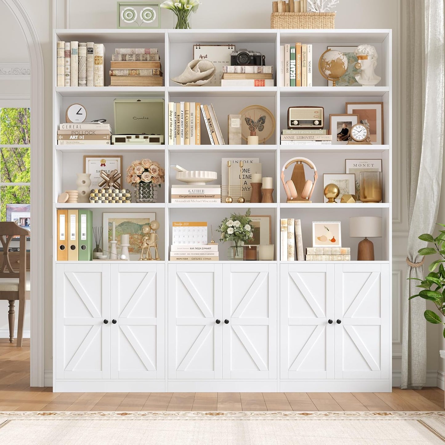 FACBOTALL 75" Triple Wide Bookshelf, White Bookshelf and Bookcase with 6 Farmhouse Doors, 71" Wide 6 Tier Book Shelf with 18 Storage Shelves, Large Wooden Bookshelves, Tall Bookcase for Office, White