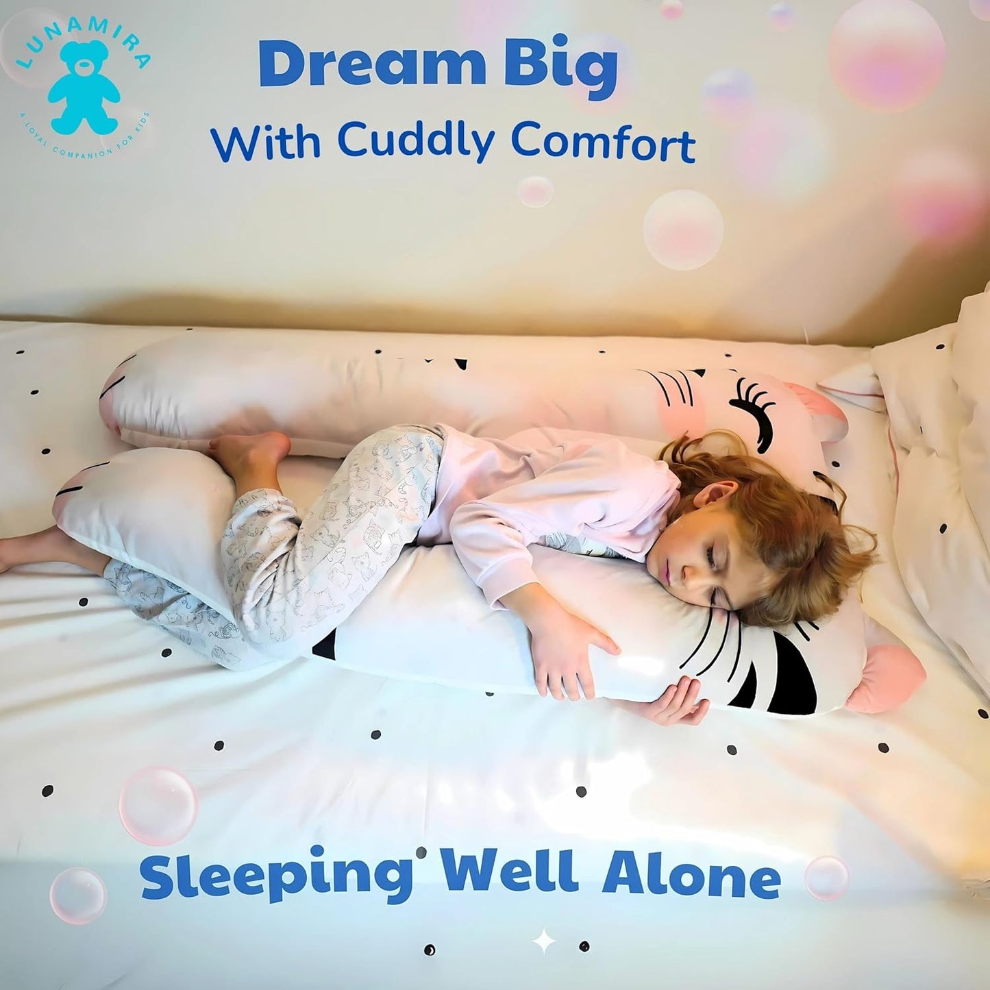 LUNAMIRA Cat Kids Body Pillow - 47" U-Shape Long Plush Soft Animal Pillow for Kids, Sleeping, Reading, ADHD & Special Needs Comfort, Anxiety, Washable Cover, Snuggle Fun Cuddle Gift for Boys & Girls